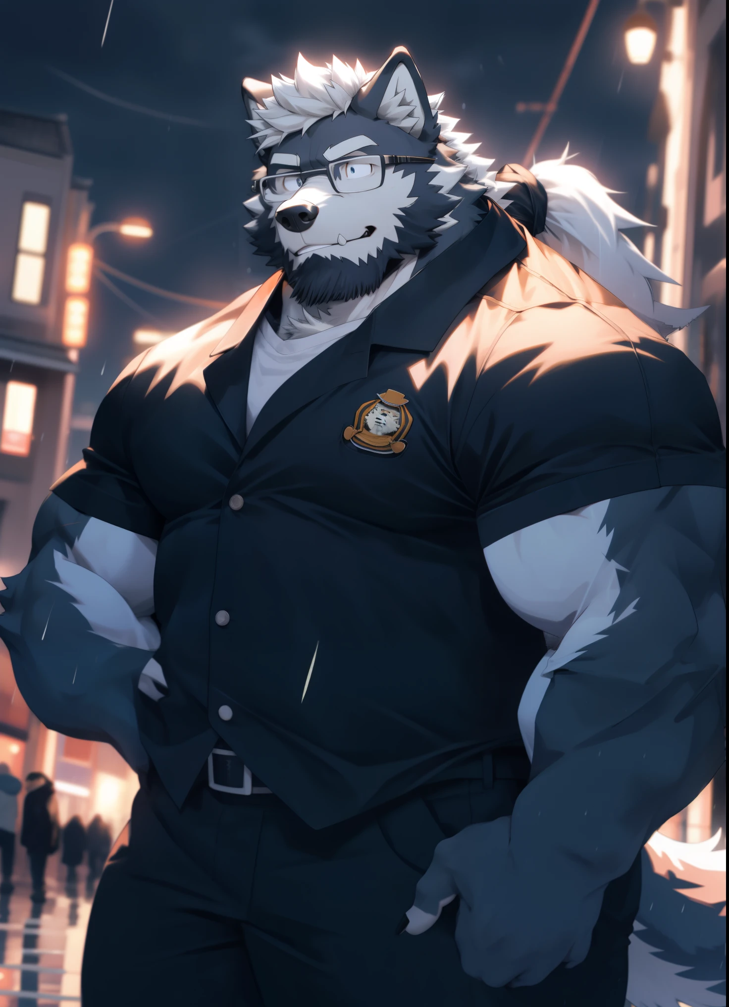 hairy，（Wolf，Black-rimmed glasses，Orange firefighter costume，Hair is a long ponytail，long tail），beard，white fur，male，Common，full-body shot， dynamic poses，smirk，rainy day，night，dark night，Detailed background，极其lifelike阴影，masterpiece，Very detailed，lifelike