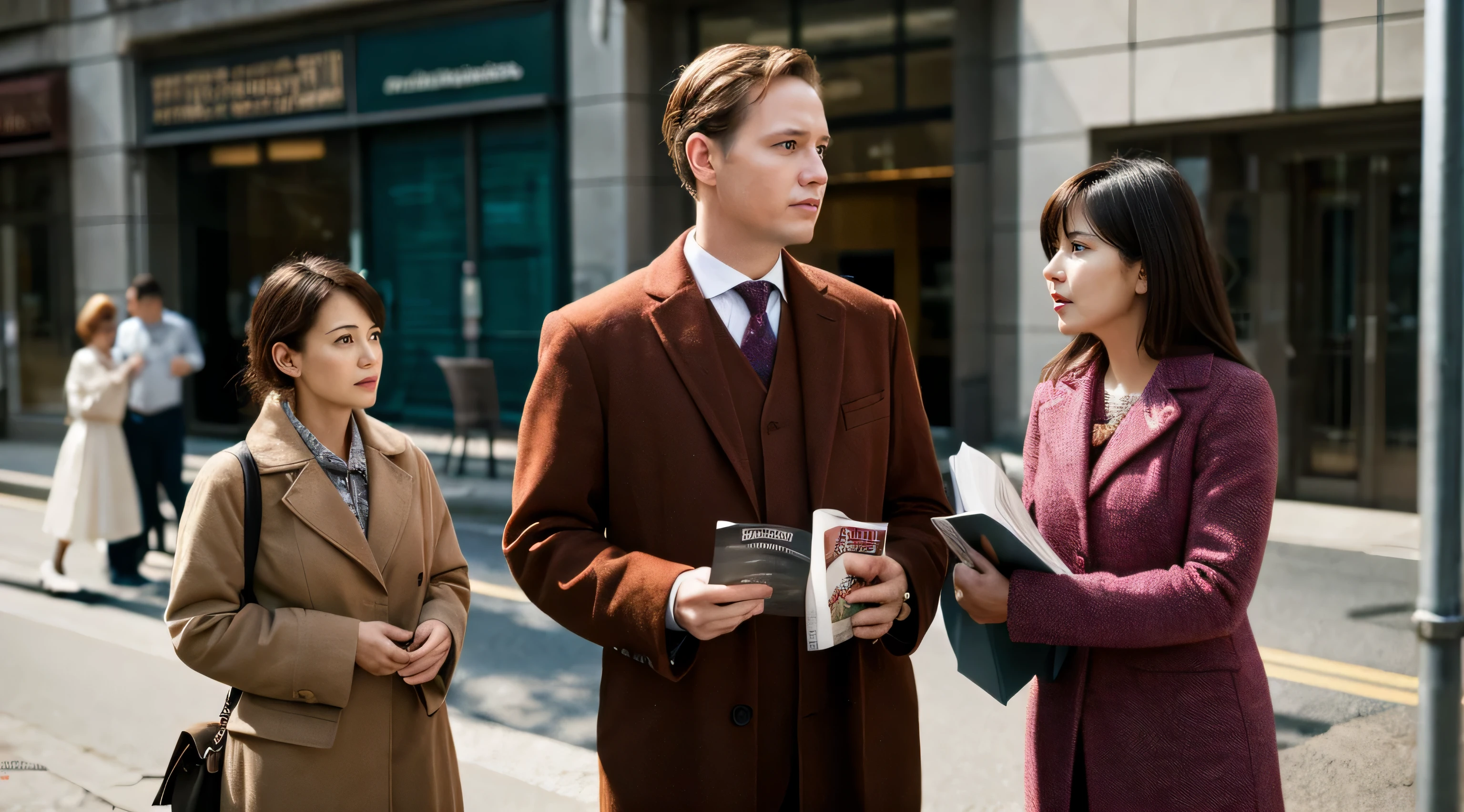 Jehovah's Witnesses、street evangelism、standing with a magazine、Middle-aged man、middle-aged women、High resolution、High resolution、