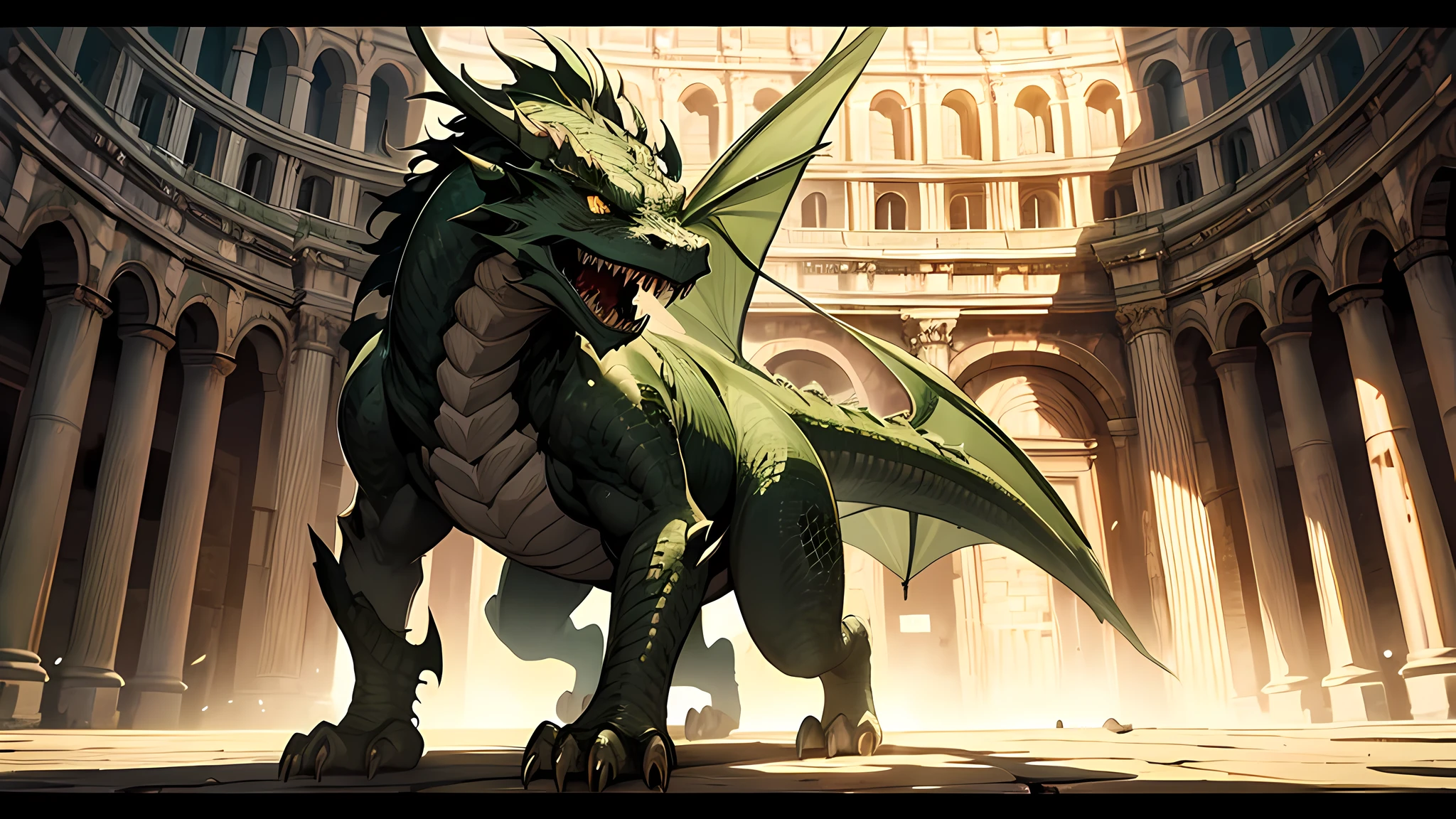 green dragon, menacing, in a cage, center colloseum, medieval times, ferocious, large body
