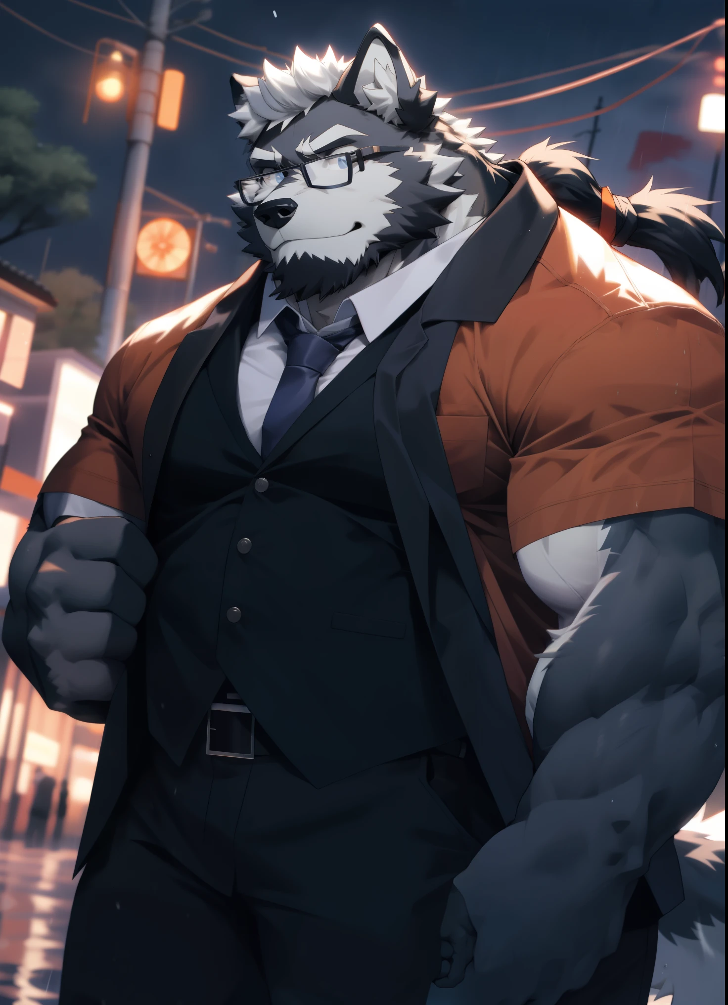 hairy,(Wolf,Black-rimmed glasses,Orange firefighter costume,Hair is a long ponytail,long tail),beard,white fur,male,Common,full-body shot, dynamic poses,smirk,rainy day,night,dark night,Detailed background,极其lifelike阴影,masterpiece,Very detailed,lifelike