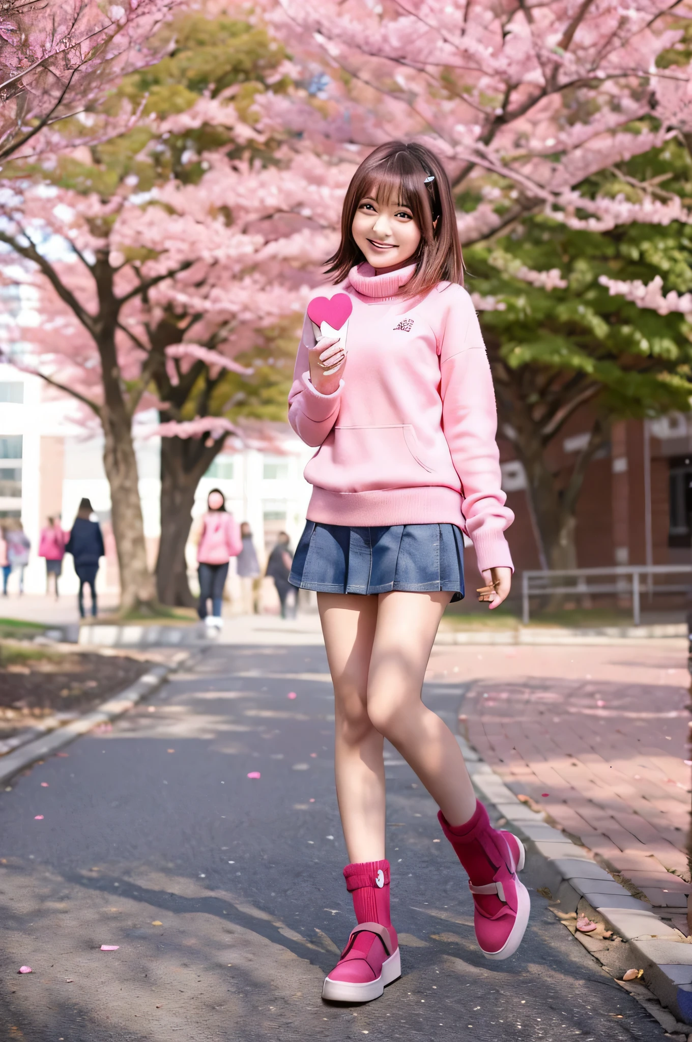 cute japanese girl (18-year-old) A person wearing a very short light pink miniskirt is holding Valentine&#39;s Day chocolates at university.