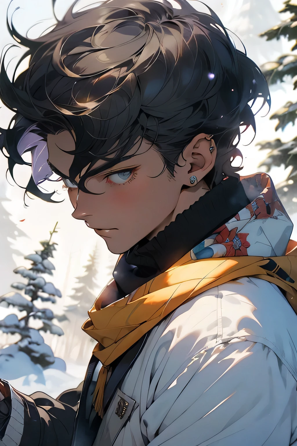 actual, (masterpiece, top quality, best quality, official art), Very detailed, colorful, most detailed, God, short hair, black hair, (magic), handsome man, snowflake, white scarf