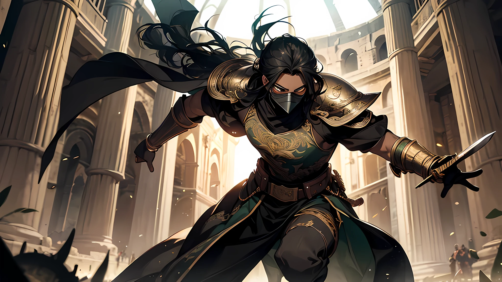 thin young man, dark skin wearing mask, V-shaped vendetta wears a golden mask, holding sword, in a center of colloseum arena, gladiator, intricate muscular details, long black hair tied up, dodging attack, swords in action, large green dragon in background