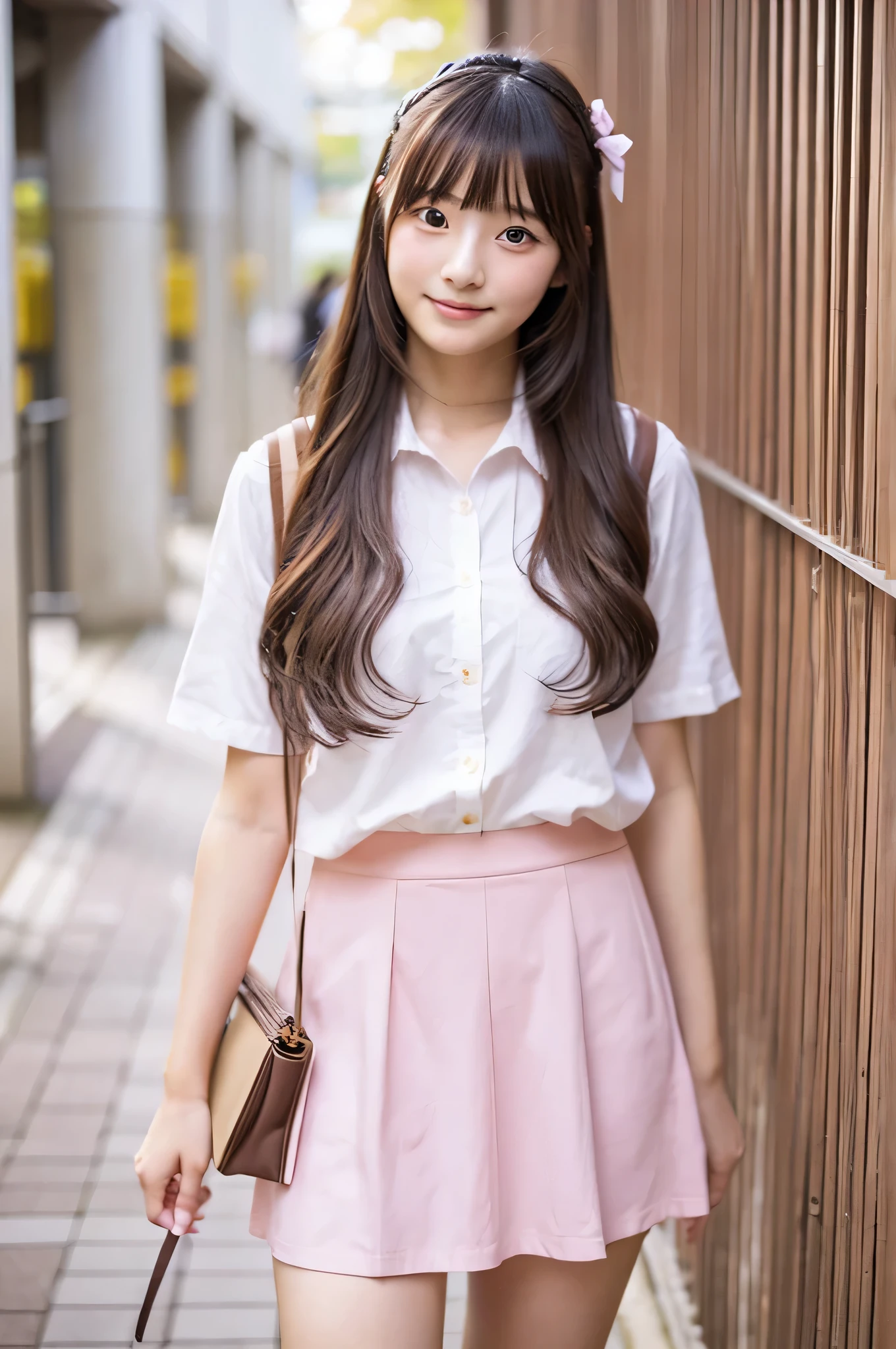 cute japanese girl (18-year-old) Wearing a very short light pink skirt and holding chocolates at university