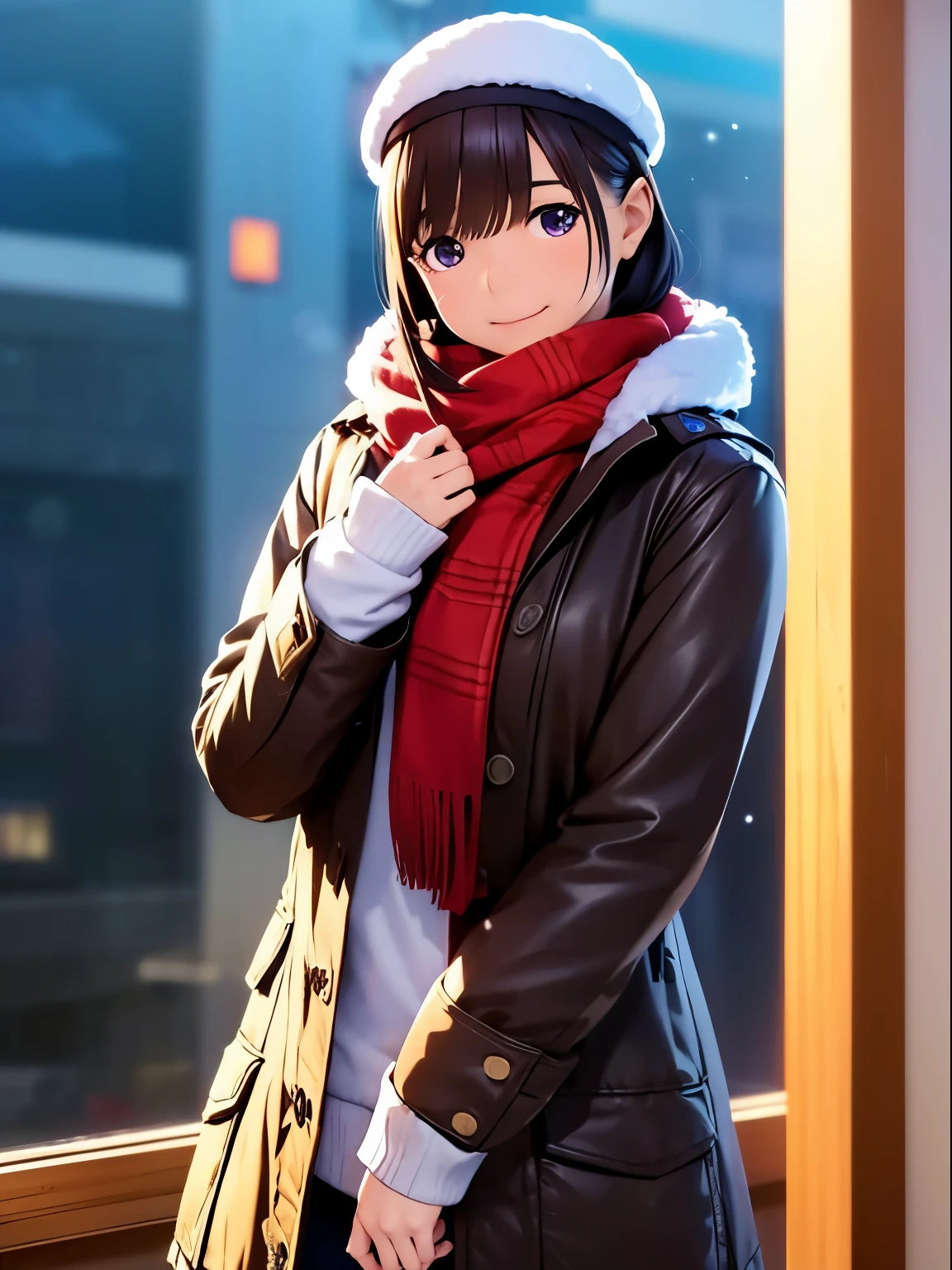 High resolution,8K,best quality,detailed,semi-realistic anime,Anime 3D Style,Smooth Anime CG,1peopleの女の子,20 year old Japanese woman,slim,model,shiny chestnut hair,medium hair,detailedに書かれた顔,綺麗でdetailedな瞳,glowing skin,(cook coat,Layering,winterの服,hat),beautiful earrings,((winter,cold morning in february,Valentine,Hand over wrapped chocolates,snowfall,It&#39;s snowing)),(street:0.8), (people, large crowd:1),hard focus particles,soft lighting,look at the audience,A sloppy smile