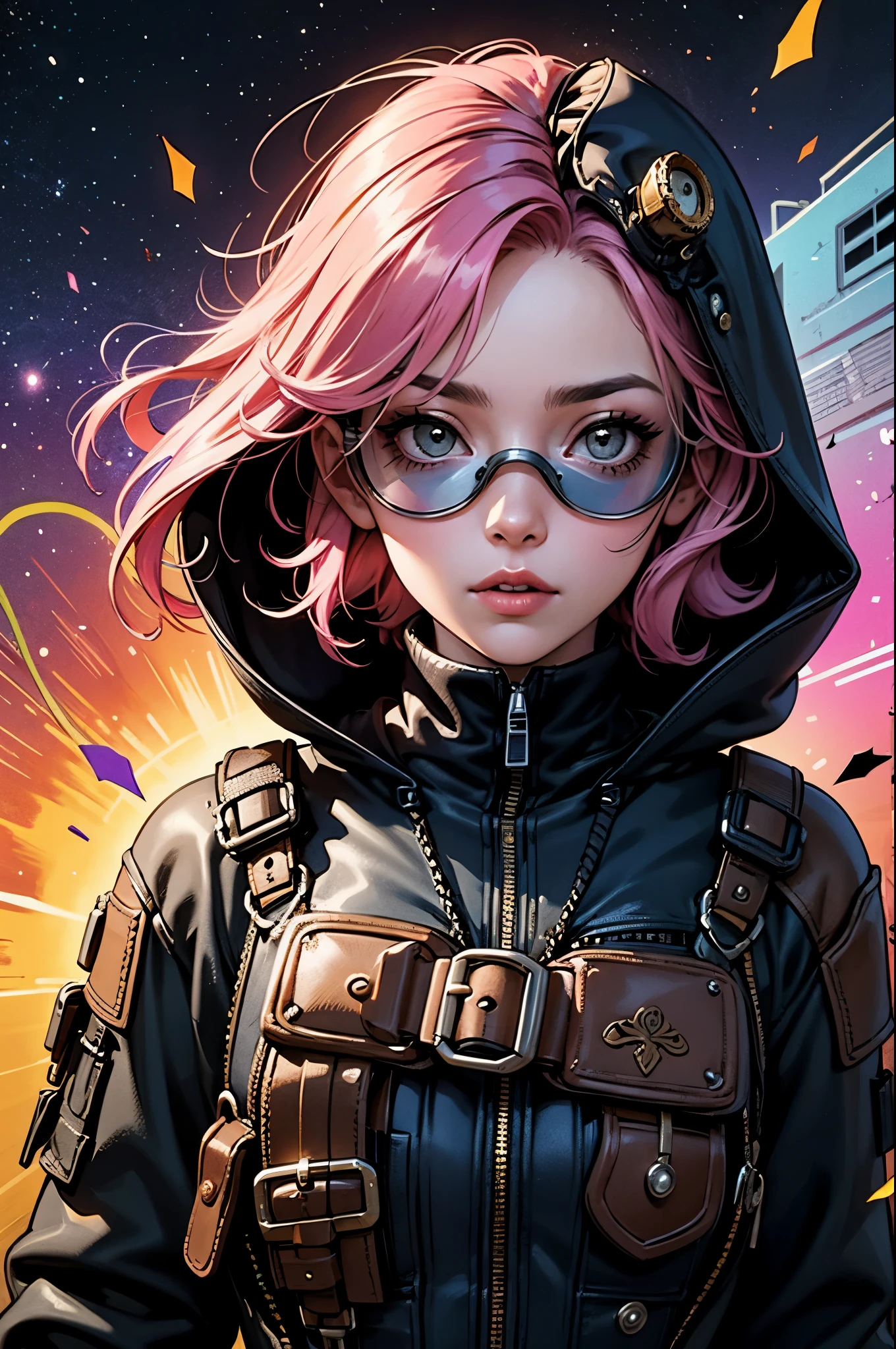 1girl,(pink_hair, post apocalyptic, steampunk, hooded steampunk tactical gear and goggles:1.1),(zentangle, mandala, tangle, entangle:0.6),(fractal, atmospheric, psychedelic, aesthetic,,cosmic, colorful, dreamlike art),the most beautiful form of chaos,brutalist designed, metal fragments and debris blowing in the wind
