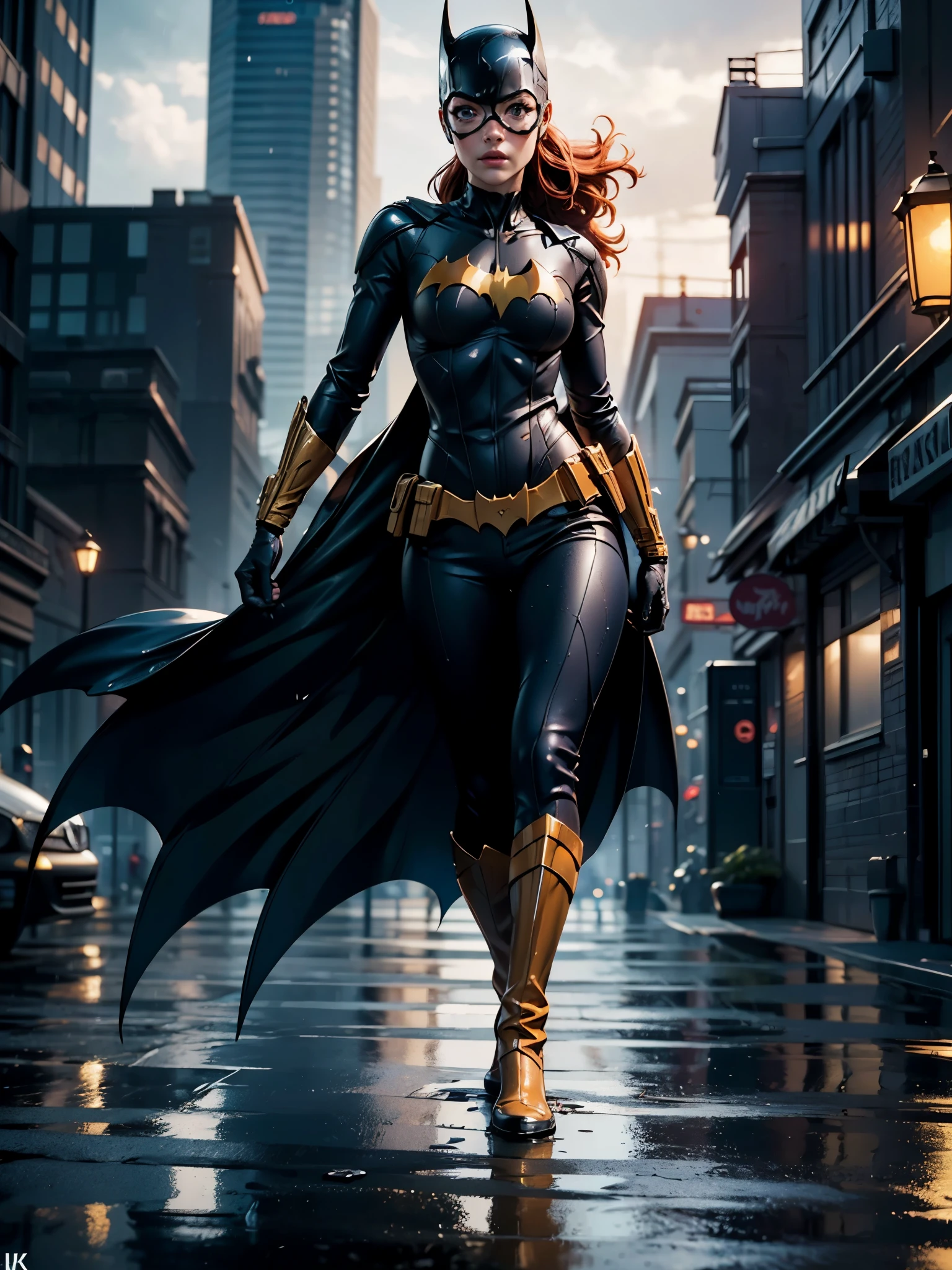 barbara gordon, anime, beauty, Batgirl clothes, Batgirl cosplay, wind effect, full body photo, prominent figure, standing on the edge of a skyscraper, night, photo (Masterpiece) (Best quality) (Detail) (8K) (HD) (Wallpaper) (Cinematic lighting) (Sharp focus) (Intricate), sexy, rain, wet, rays, best quality, ultra high resolution, photorealistic, full body portrait, incredibly beautiful,  dynamic poses, detailed skin texture, highly detailed skin, detailed face,