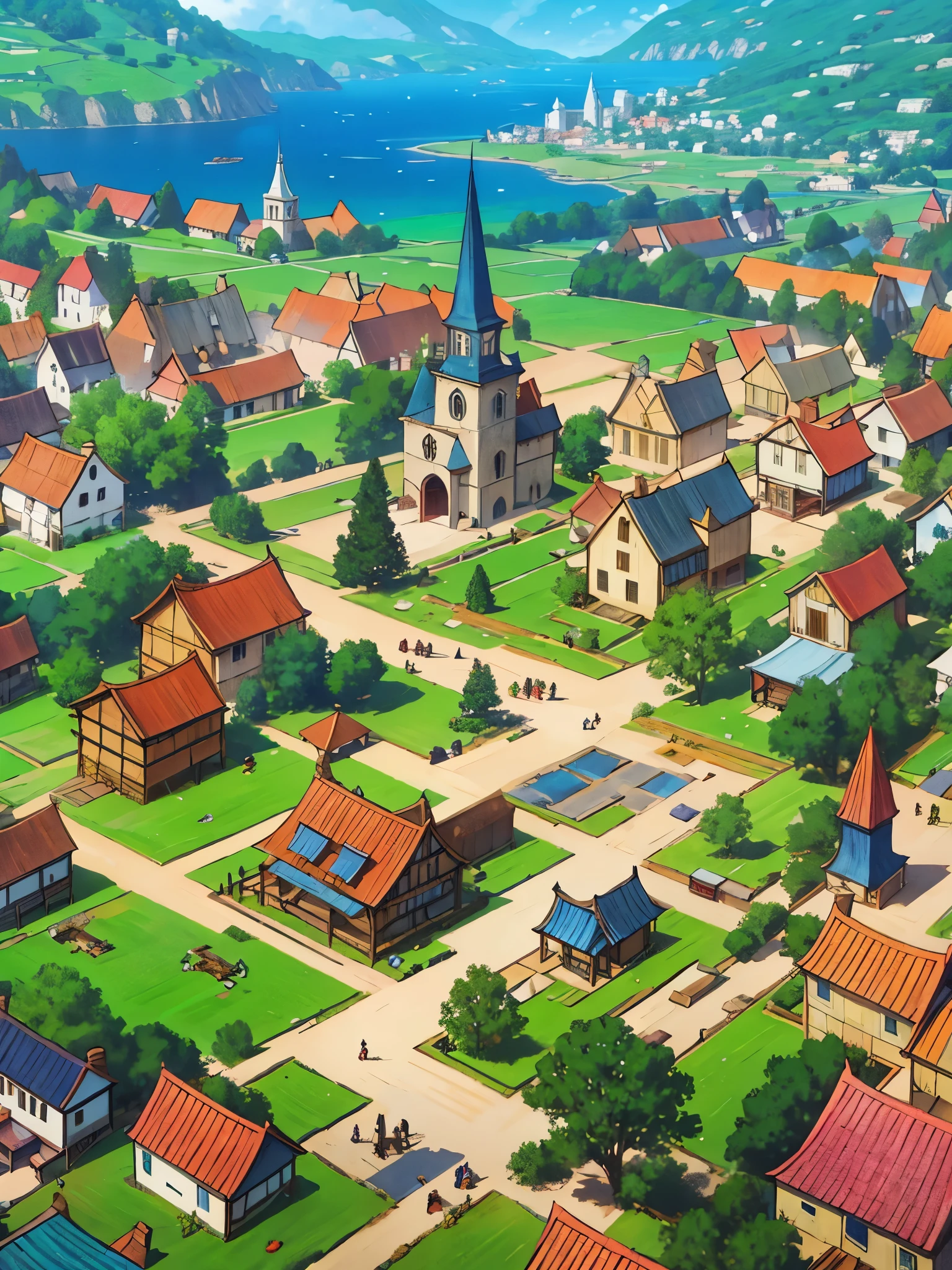 Small town of the 17th-18th centuries, fantasy, many people, day