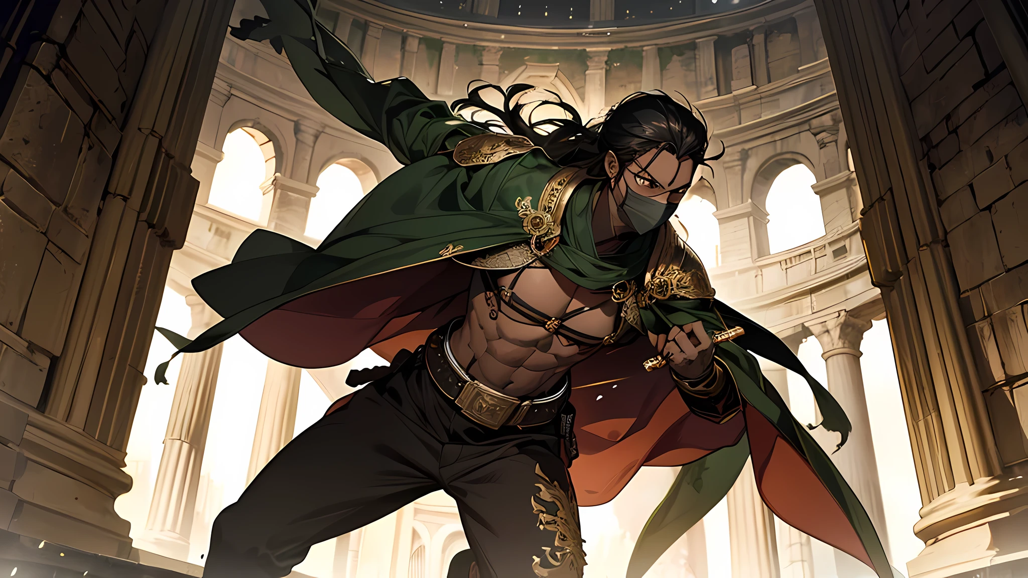 thin young man, dark skin wearing mask, V-shaped vendetta wears a golden mask, holding sword, in a center of colloseum arena, gladiator, intricate muscular details, long black hair tied up, dodging attack, swords in action, there is green dragon in her back, green dragon roaring