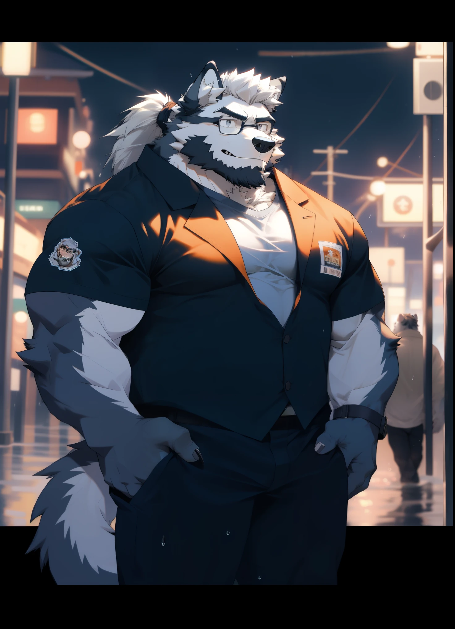 hairy,(Wolf,Black-rimmed glasses,Orange firefighter costume),beard,Hair is a long ponytail,long tail,white fur,male,Common,full-body shot,dynamic poses,smirk,rainy day,night,dark night,Detailed background,极其lifelike阴影,masterpiece,Very detailed,lifelike