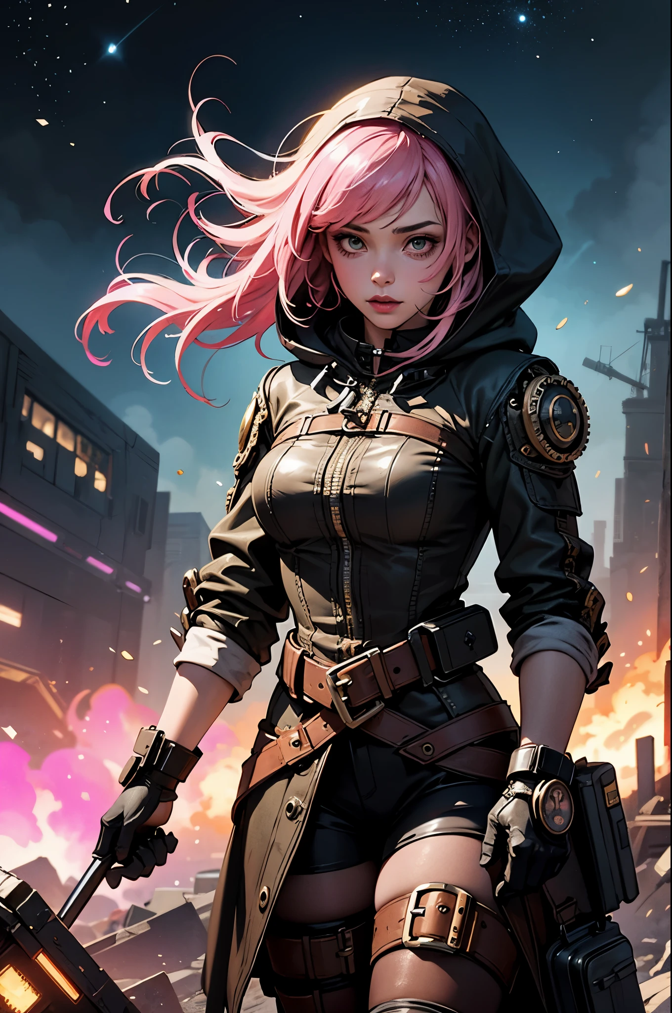 1girl,(pink_hair, post apocalyptic, steampunk, hooded steampunk tactical gear and goggles:1.1),(zentangle, mandala, tangle, entangle:0.6),(fractal, atmospheric, psychedelic, aesthetic,,cosmic, colorful, dreamlike art),the most beautiful form of chaos,brutalist designed, metal fragments and debris blowing in the wind