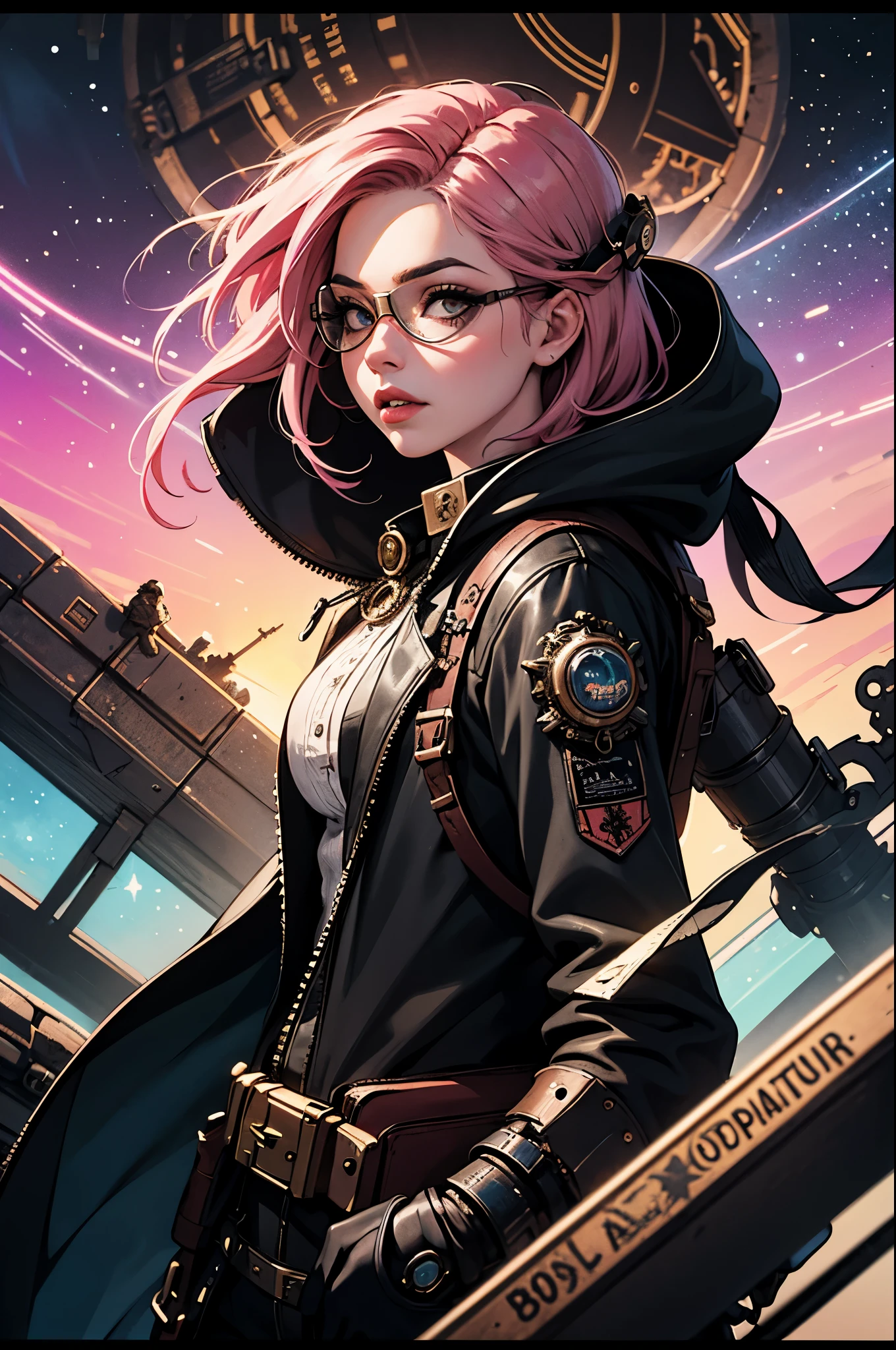 1girl,(pink_hair, post apocalyptic, steampunk, hooded steampunk tactical gear and goggles:1.1),(zentangle, mandala, tangle, entangle:0.6),(fractal, atmospheric, psychedelic, aesthetic,,cosmic, colorful, dreamlike art),the most beautiful form of chaos,brutalist designed, metal fragments and debris blowing in the wind