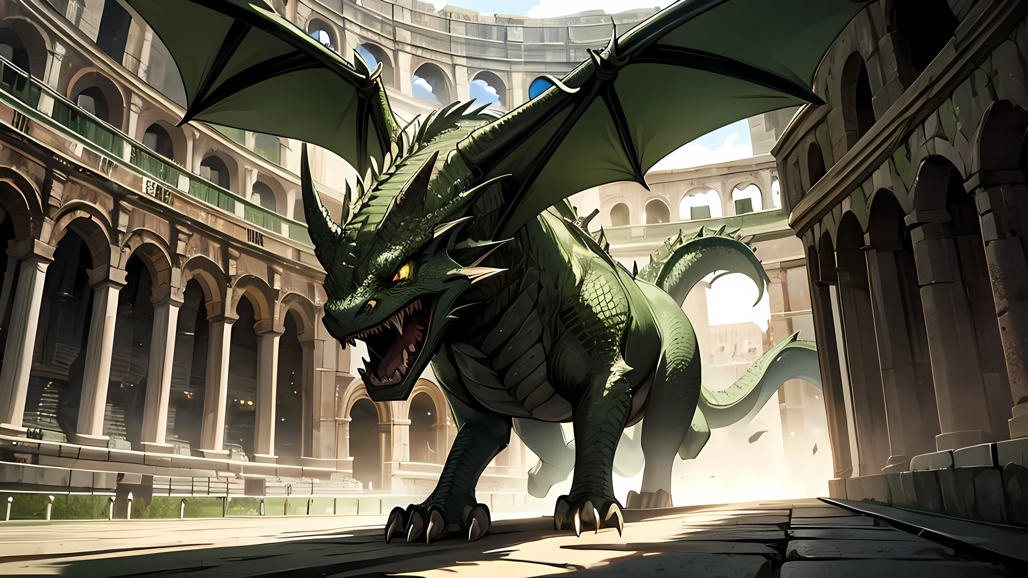 green dragon, menacing, in a cage, center colloseum, medieval times, ferocious, large body