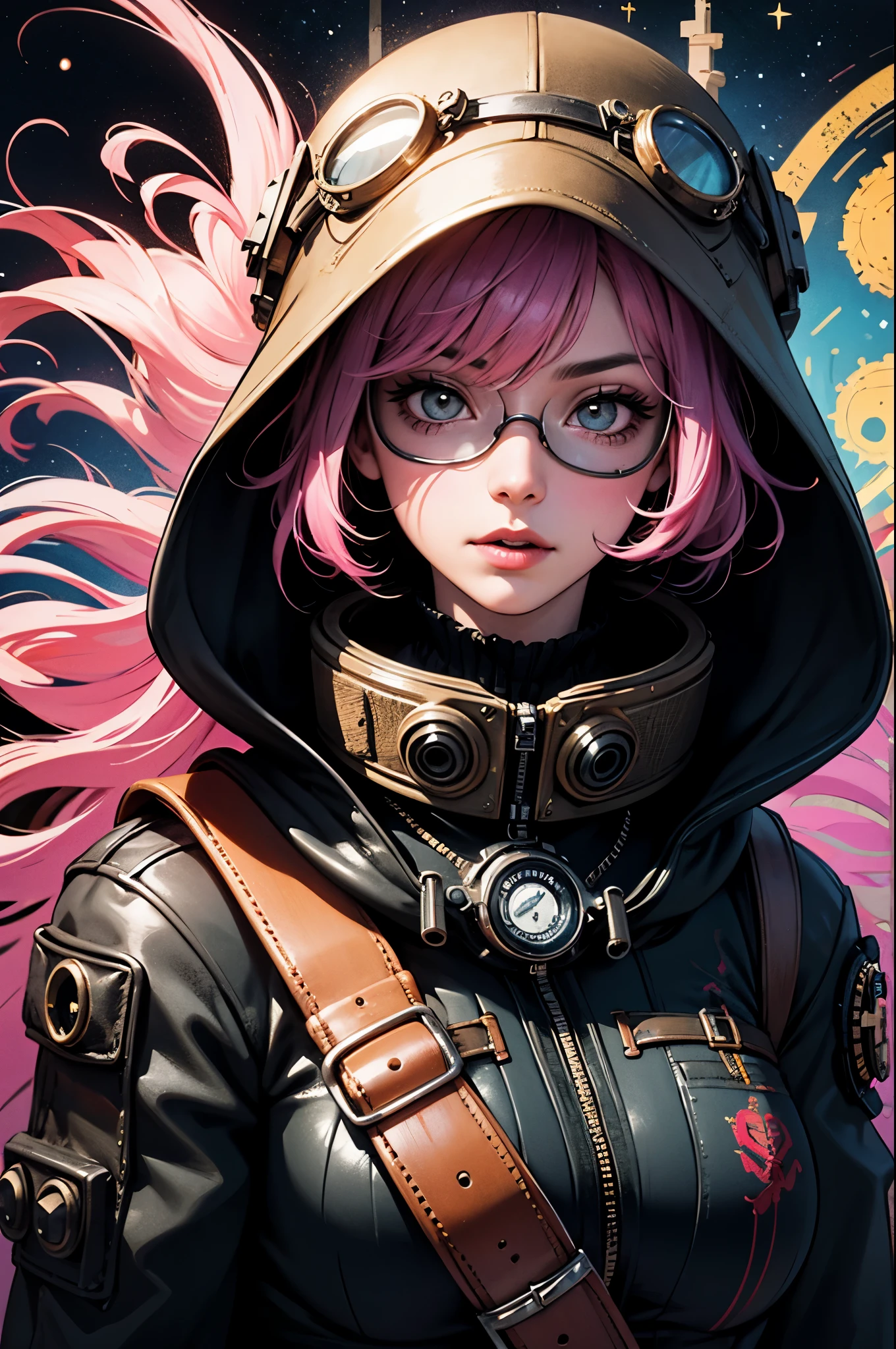 1girl,(pink_hair, post apocalyptic, steampunk, hooded steampunk tactical gear and goggles:1.1),(zentangle, mandala, tangle, entangle:0.6),(fractal, atmospheric, psychedelic, aesthetic,,cosmic, colorful, dreamlike art),the most beautiful form of chaos,brutalist designed, metal fragments and debris blowing in the wind