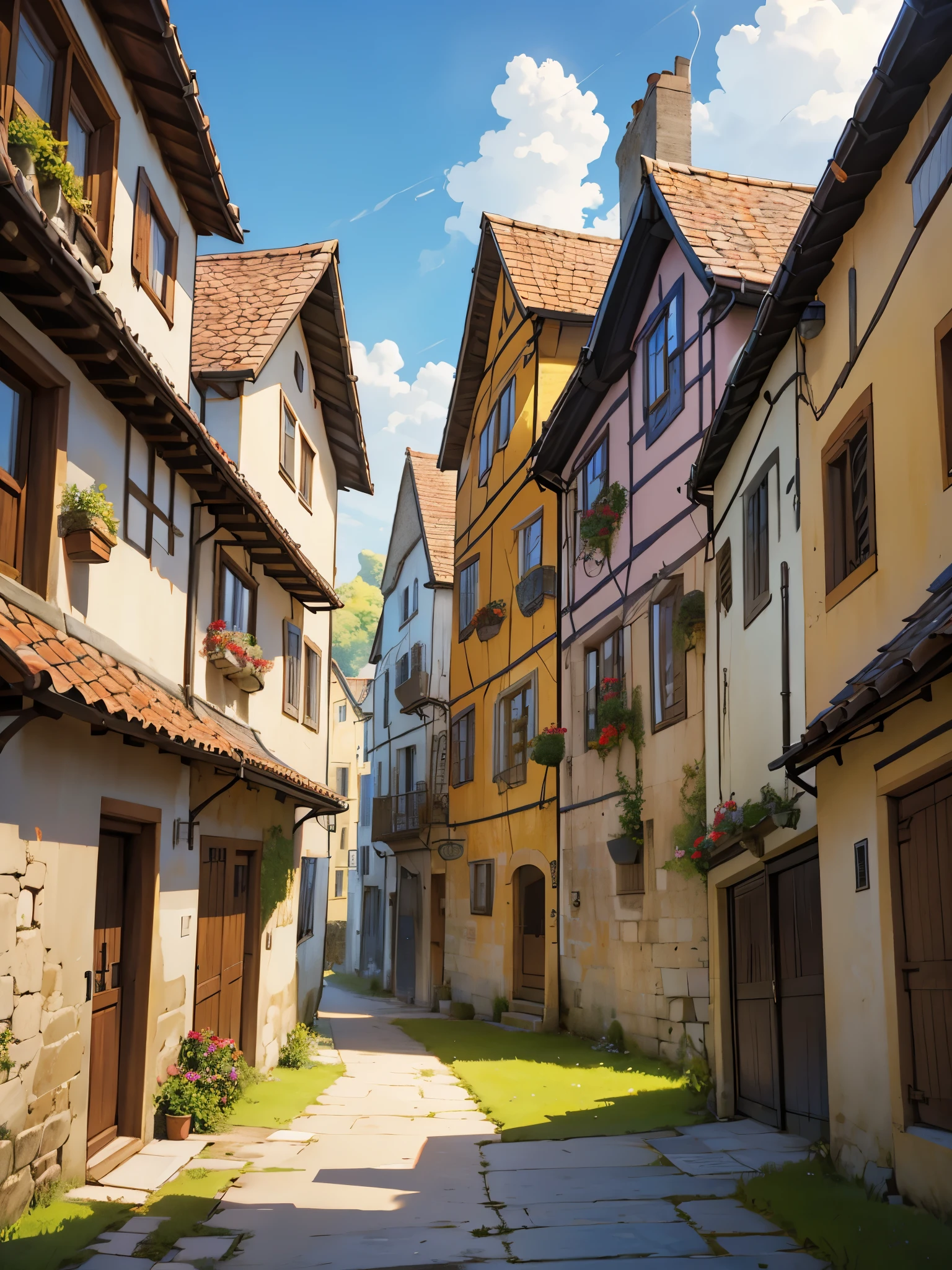 city of the 17th-18th centuries, fantasy, many people, day, europe, Two-storey houses