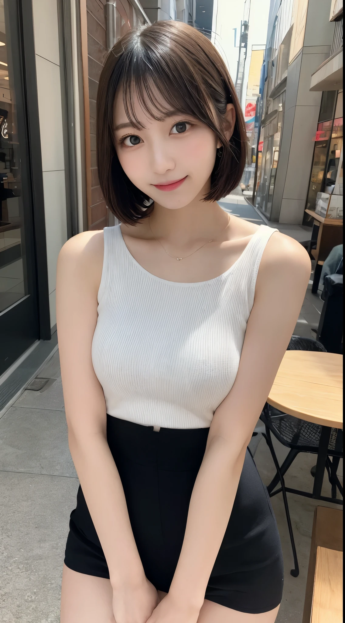 table top, highest quality, figure, super detailed, finely, High resolution, 8k wallpaper, 完璧なダイナミックな構figure, beautiful and fine eyes, ladies&#39; fashion,very short hair,small breasts natural color lip, bold sexy pose,smile,Harajuku、20 year old girl、cute、sexy shot looking at camera