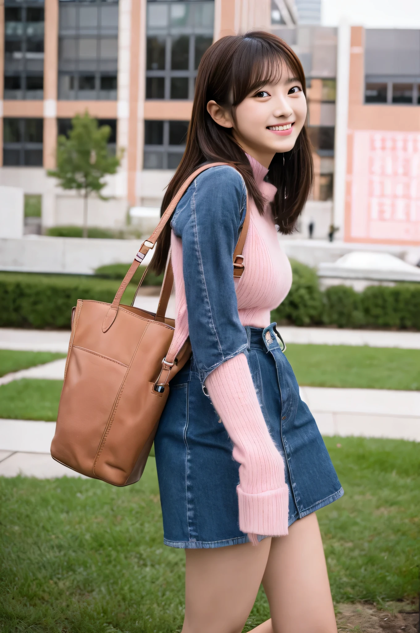 cute japanese girl (18-year-old) A person wearing a light pink miniskirt is bringing a Valentine&#39;s Day present to the university.