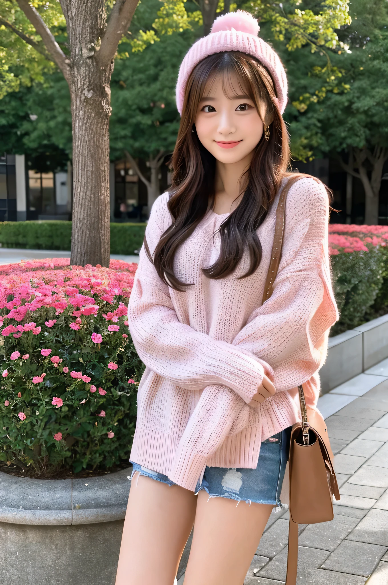 cute japanese girl (18-year-old) A person wearing a light pink miniskirt is bringing a Valentine's Day present to the university.