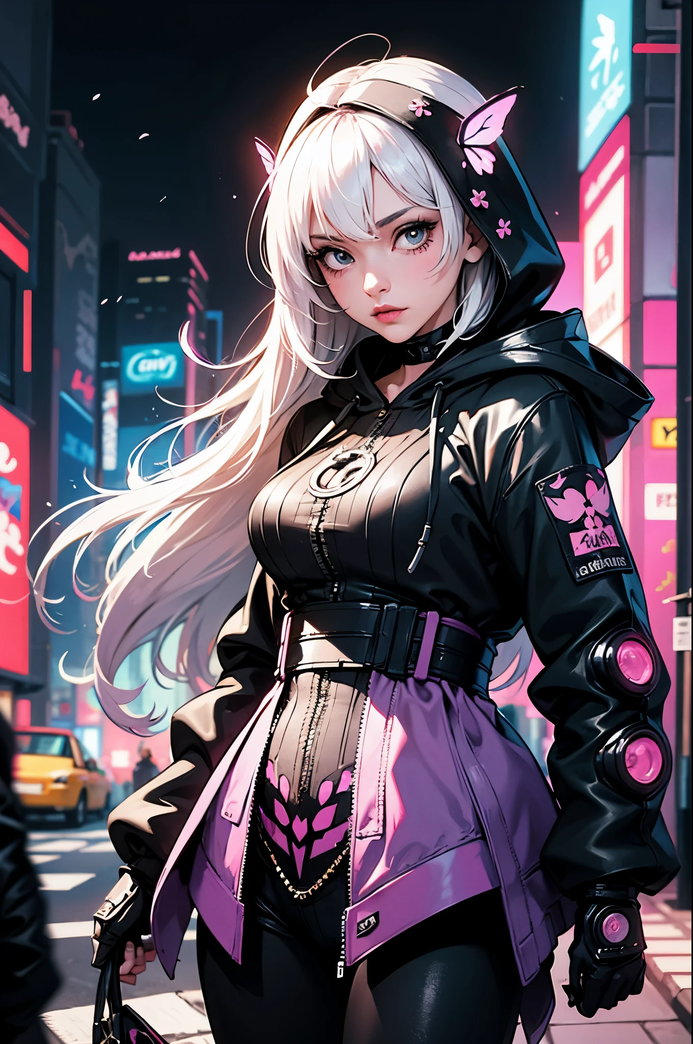 1girl,(platinum white_hair, cyberpunk, Harajuku-inspired hooded cyberpunk battle armor:1.1),(zentangle, mandala, tangle, entangle:0.6),(fractal, atmospheric, psychedelic, aesthetic,,cosmic, colorful, dreamlike art),the most beautiful form of chaos,brutalist designed, cherry blossoms and butterflies blowing in the wind