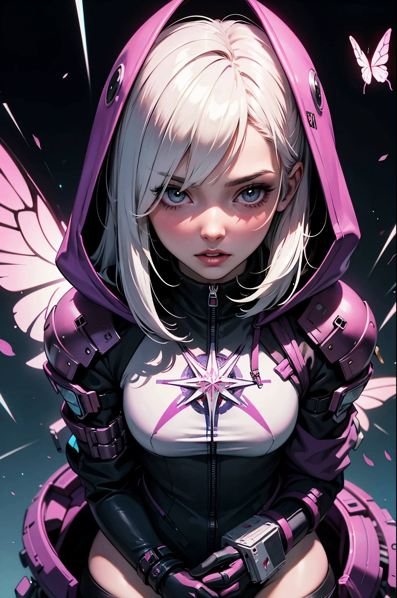 1girl,(platinum white_hair, cyberpunk, Harajuku-inspired hooded cyberpunk battle armor:1.1),(zentangle, mandala, tangle, entangle:0.6),(fractal, atmospheric, psychedelic, aesthetic,,cosmic, colorful, dreamlike art),the most beautiful form of chaos,brutalist designed, cherry blossoms and butterflies blowing in the wind