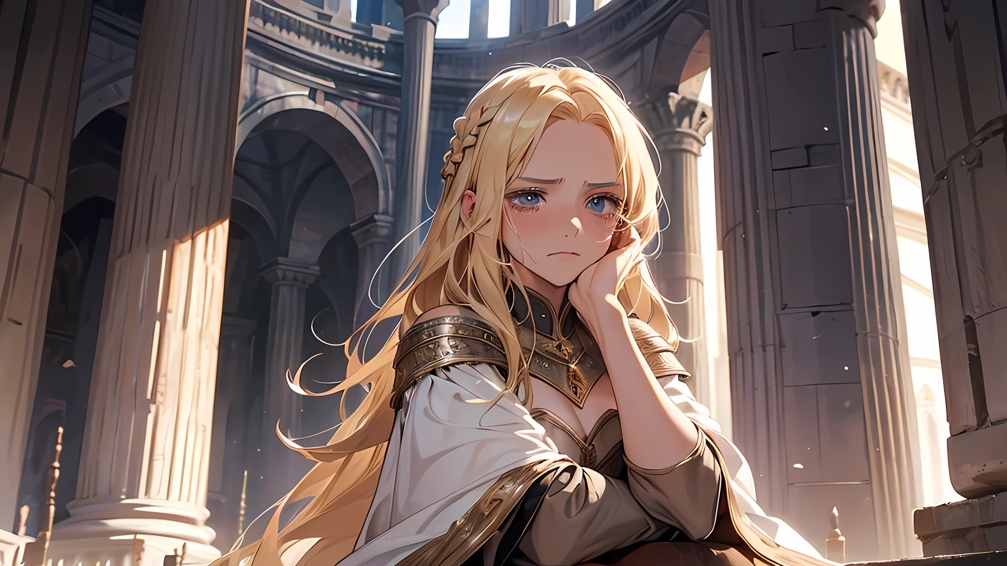 beautiful girl, blonde hair, kneeling, watching gladiator, in colloseum, medieval times, detailed face, detailed nose, detailed eyes, full of expression, crying, frown, who was sitting in one of the grandstands among the front row seats. High pillars, which rose from the corners in the left and right