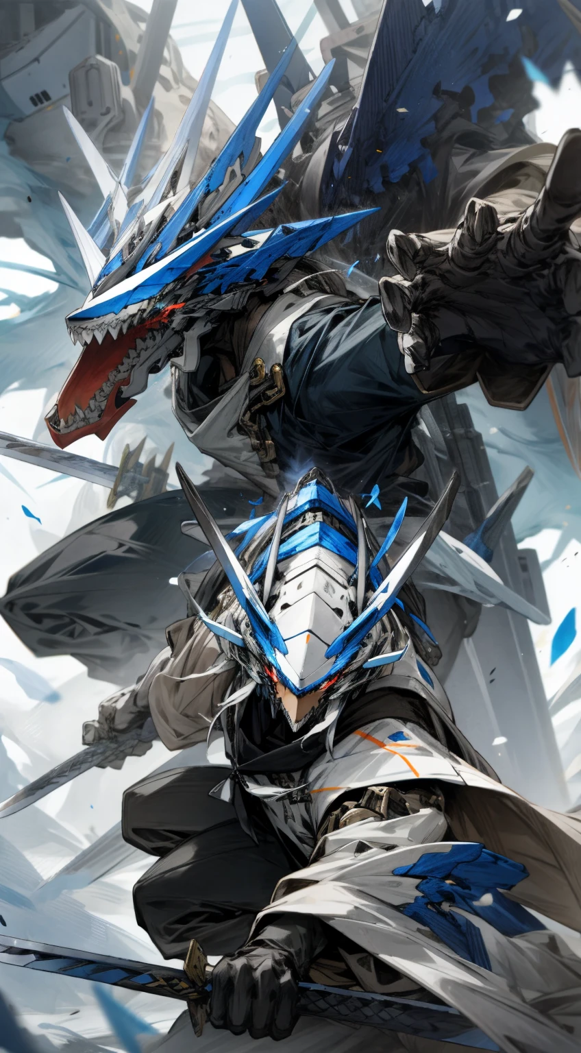 masterpiece, White and black mechs, Giant claws, Attack, Blue, Navy, holding sword