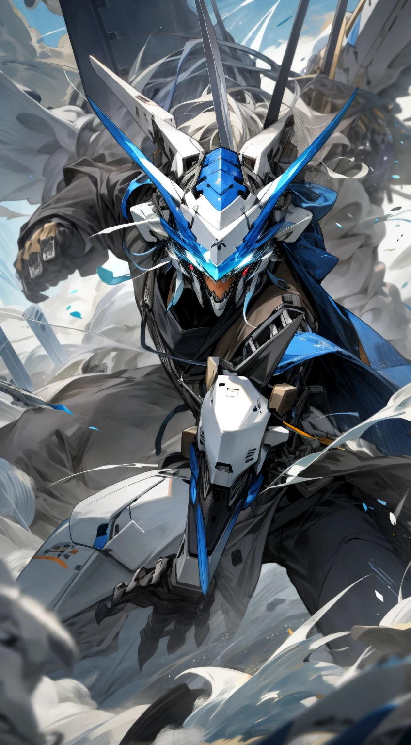 masterpiece, White and black mechs, Giant claws, Attack, Blue, Navy, holding sword