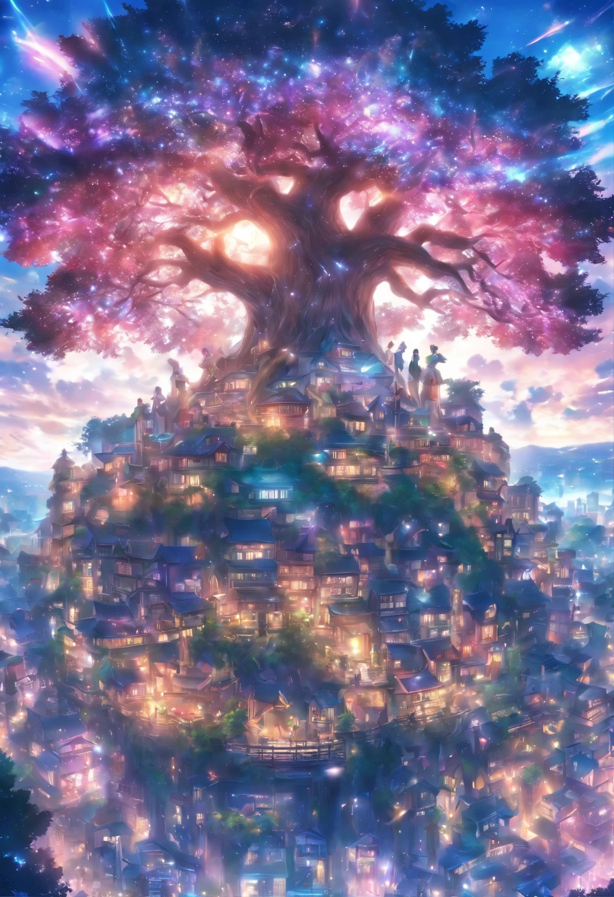(world Tree: 1.4) towering in the center, Smash Glass, crowd,動物のcrowd, glare, pink々Became, light up the world, center of frame, Delicate images, small details, HDR, 8K, award-winning photography,super detail,