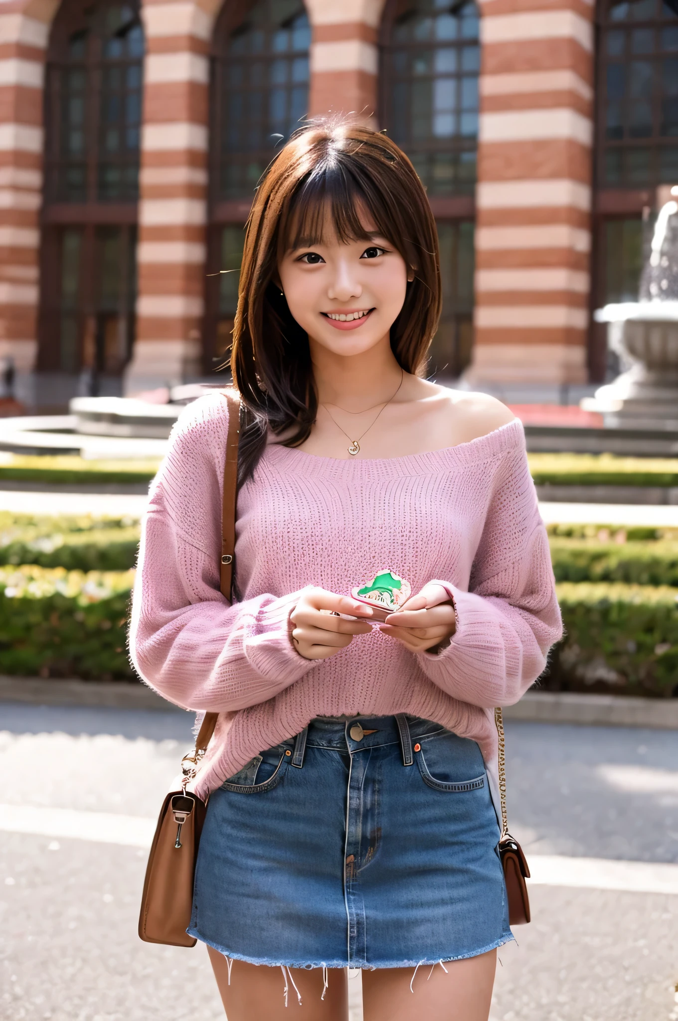 Cute Japanese girl wearing a pink miniskirt (18-year-old)but、Hold Valentine&#39;s Day&#39;Chocolate in both hands at university。