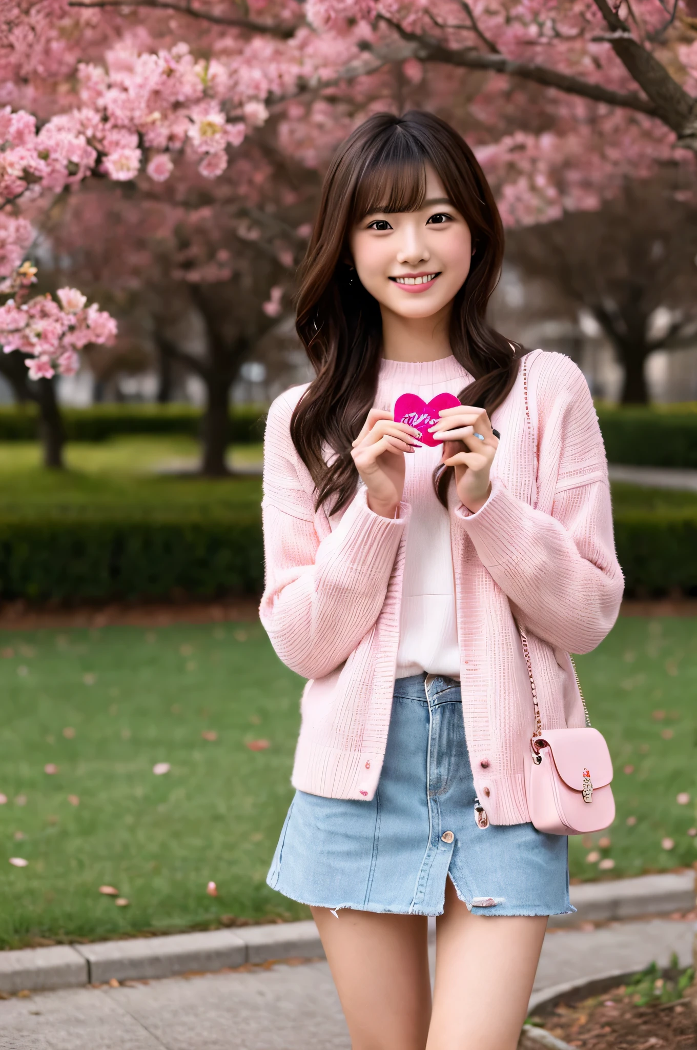 Cute Japanese girl wearing a pink miniskirt (18-year-old)but、Hold Valentine&#39;s Day&#39;Chocolate in both hands at university。