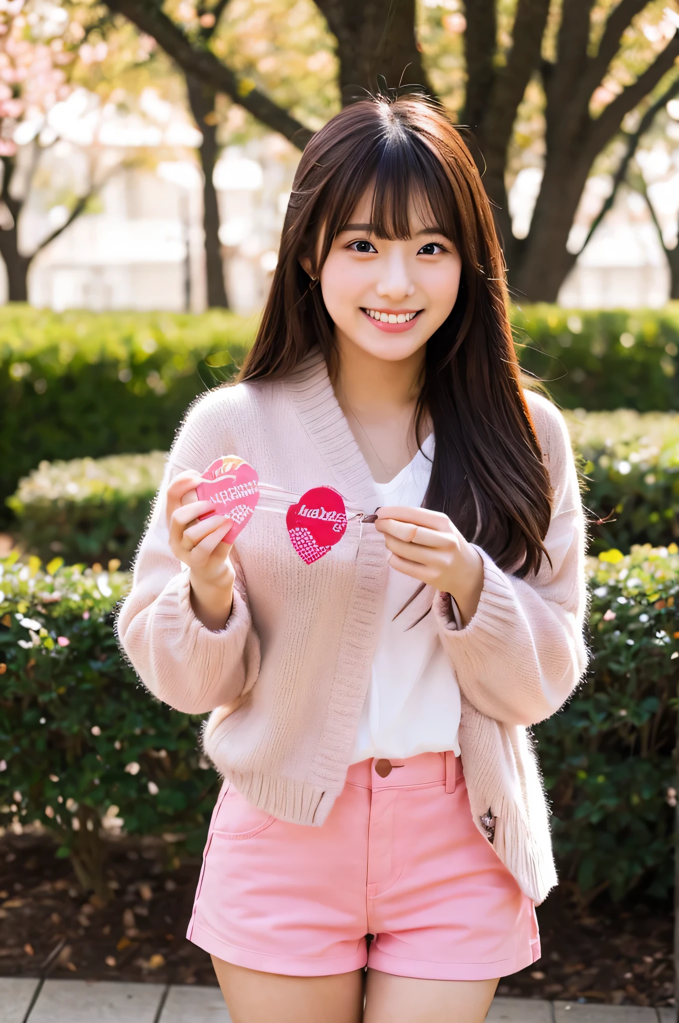 Cute Japanese girl wearing a pink miniskirt (18-year-old)but、Hold Valentine's Day'Chocolate in both hands at university。