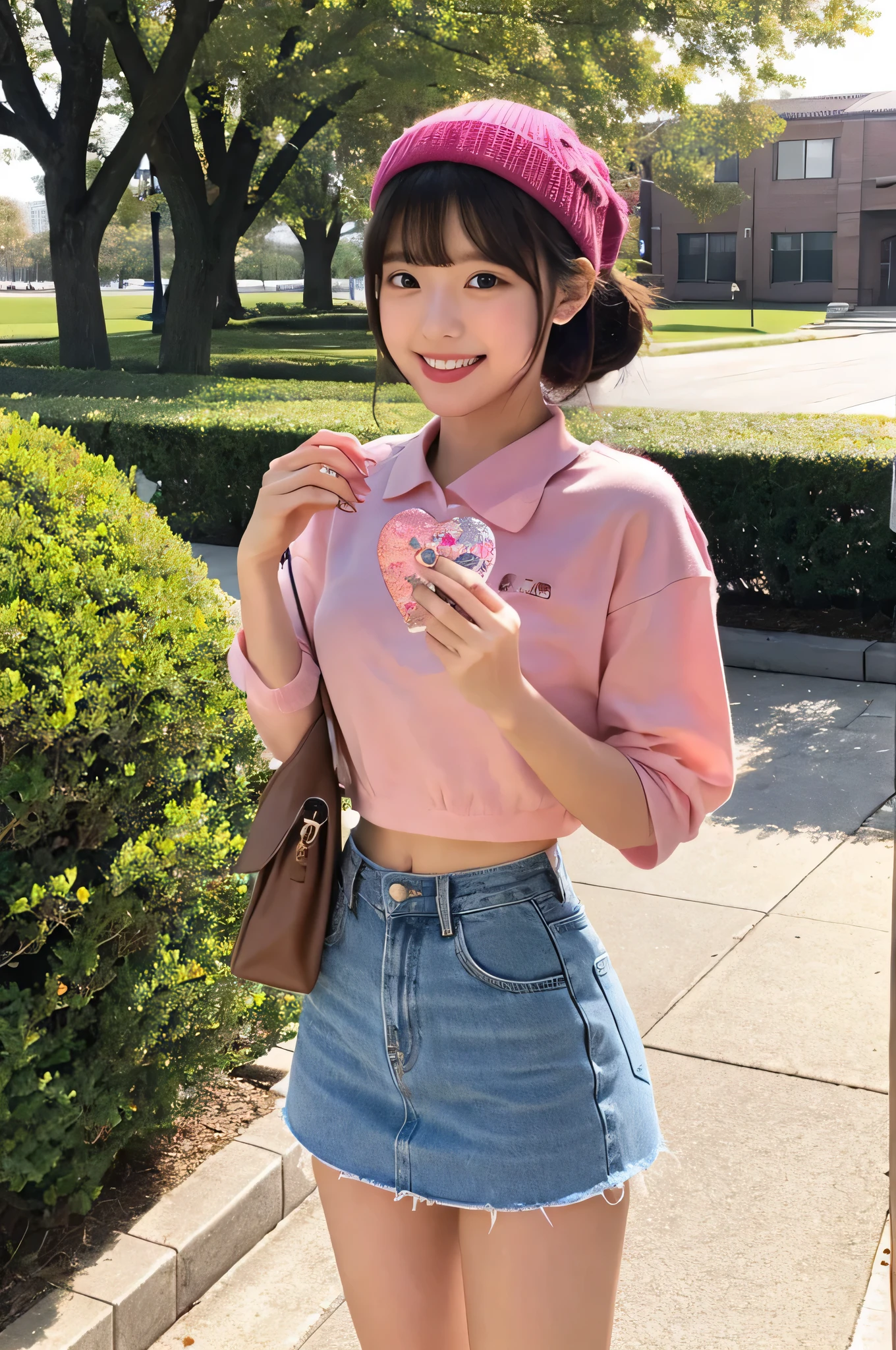 Cute Japanese girl wearing a pink miniskirt (18-year-old)but、Hold Valentine's Day'Chocolate in both hands at university。