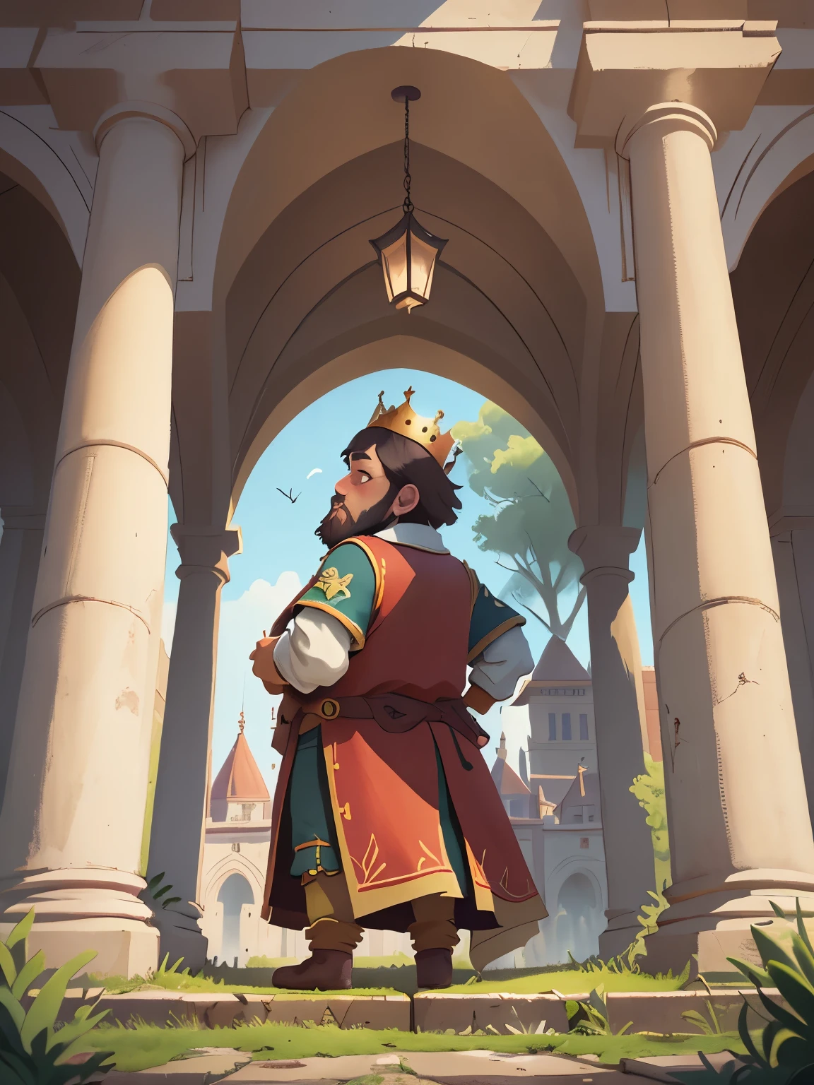 (Back Shadow:1.5),(A king wearing a crown stood in front of the palace, with short brown hair, a beard, a fat king, and a full body:1.5),High definition, detailed, ultra detailed,Medieval Europe, medieval clothing, watercolor, medieval style,