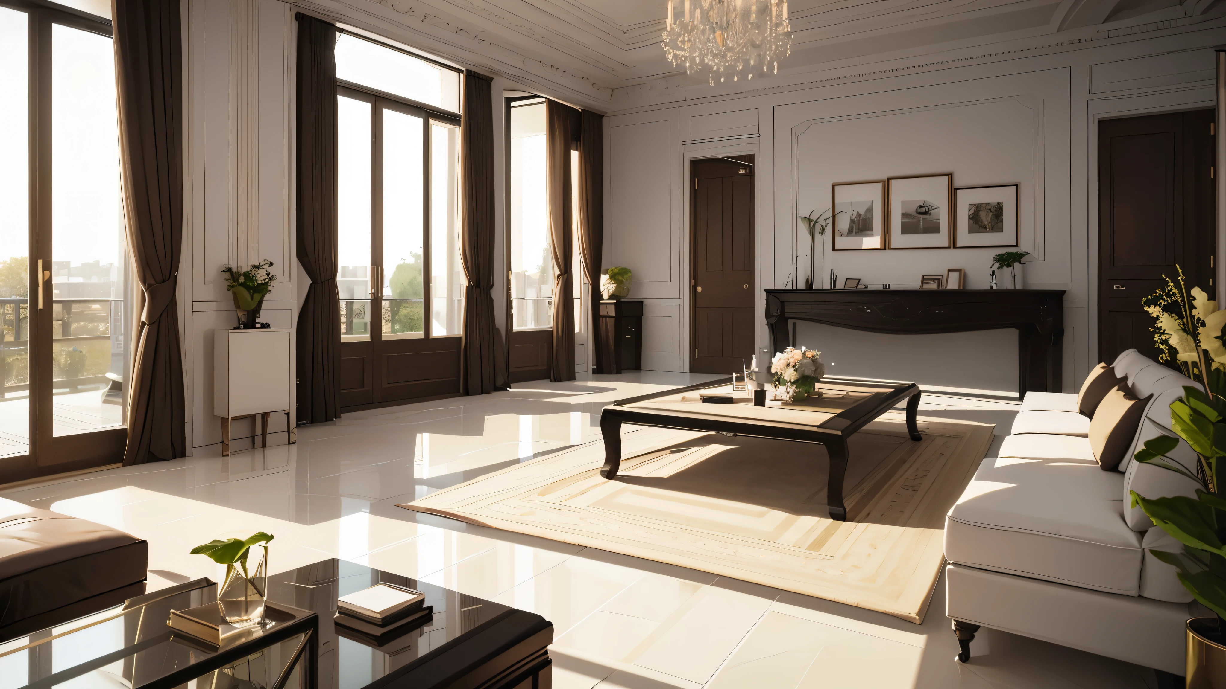 You are a famous interior designer、You have been asked to create a 3D image of a modern large room. Create a harmonious environment with modern and minimalist furniture. Including garden interior.