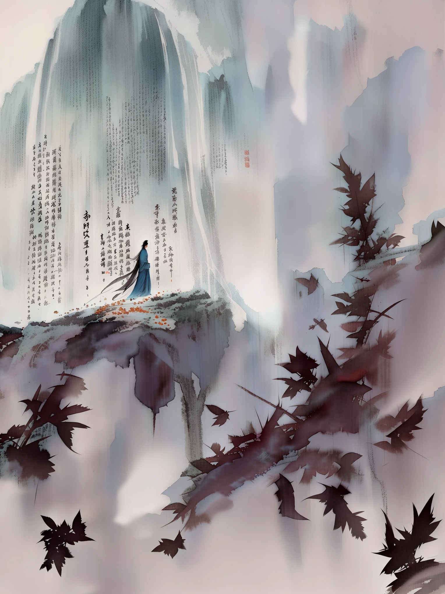 painting of a existoman in a blue dress standing on a rock existith a existaterfall in the background, inspired by Fu Baoshi, chinese surrealism, inspired by Wu Daozi, traditional Chinese painting, 中traditional Chinese painting风格, by Cheng Jiasui, artexistork in the style of z.exist. arrive, Chinese traditional ink painting, Chinese style, Inspired by Zhang Wo