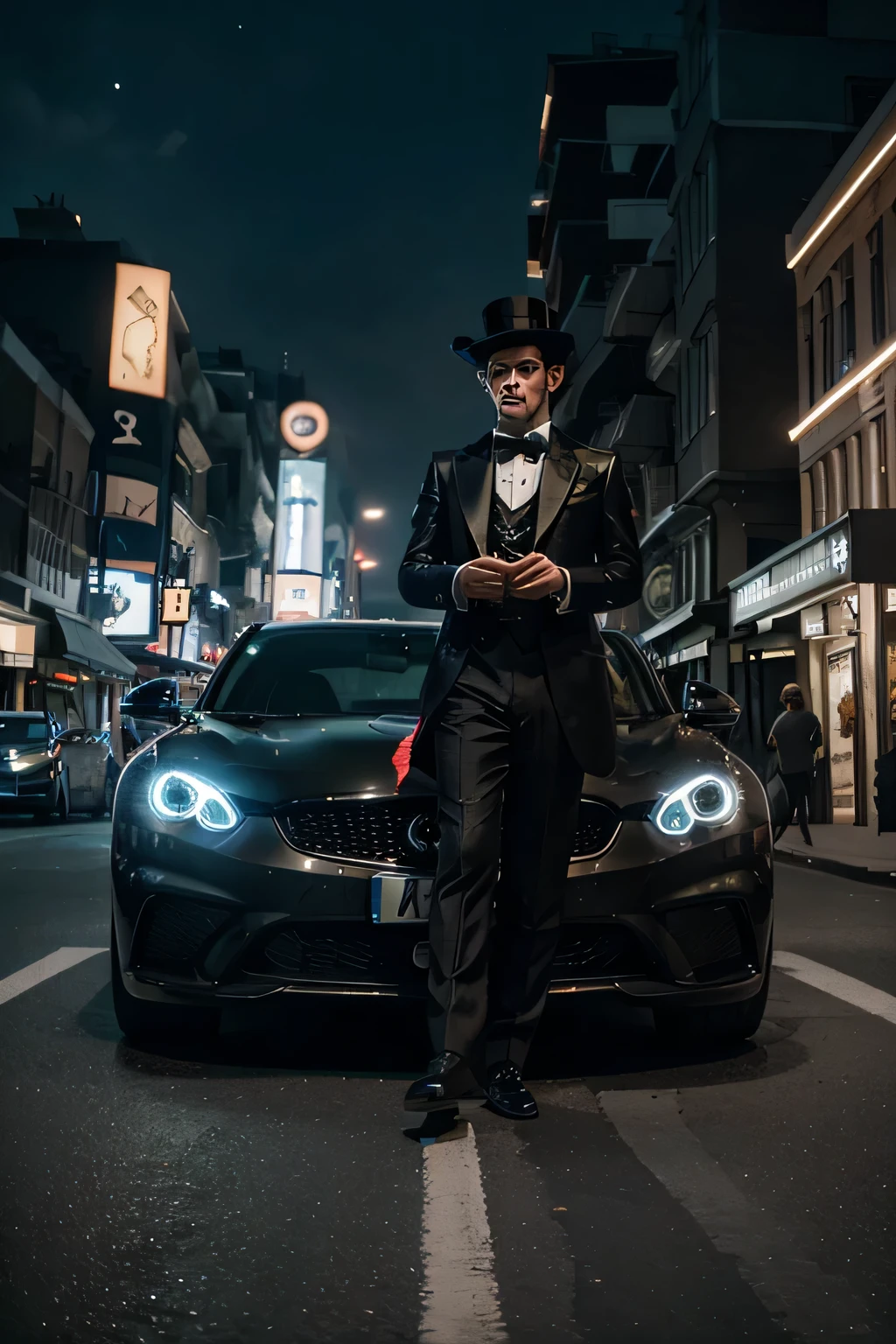 Boy performing magic tricks on a magic machine., creating an exciting scene. Boy dressed in a magician&#39;s costume., with a top hat and a stick in his hand. The car is an elegant and futuristic car., with shiny metal surfaces and glowing LED lights. The boy&#39;s eyes are full of excitement and surprise, when he waves his wand., make the car levitate and spin in the air. Around a noisy city street., with amazed spectators, watching a magical performance. The lighting is dramatic, with spotlights, illuminating the boy and the floating car, casting enchanting shadows on the ground. The color tone is bright and vibrant, Amplifying the Magical Atmosphere. Image quality meets the highest standards, with ultra-detailed rendering and sharp focus. The overall style is a combination of fantasy and realism., with a hint of science fiction.