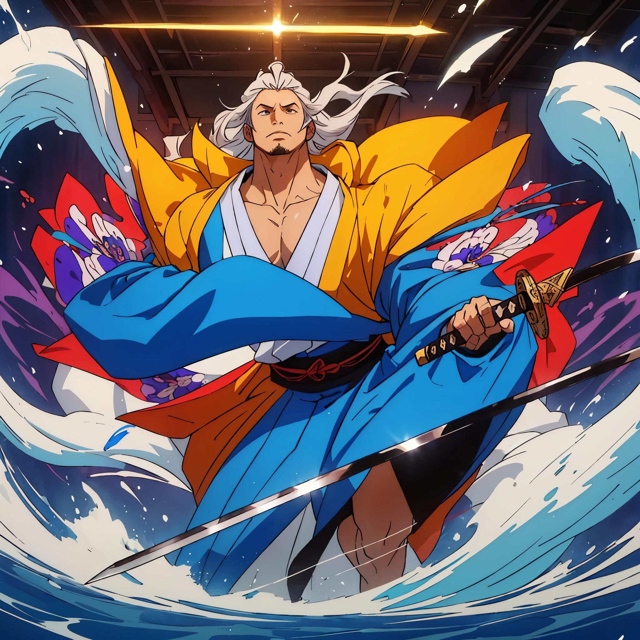 (masterpiece:1.3), (Best quality:1.3), 8K, boy, One, kimono, Katana, (Wizard of Air) Full Length, long hair, in the training room
