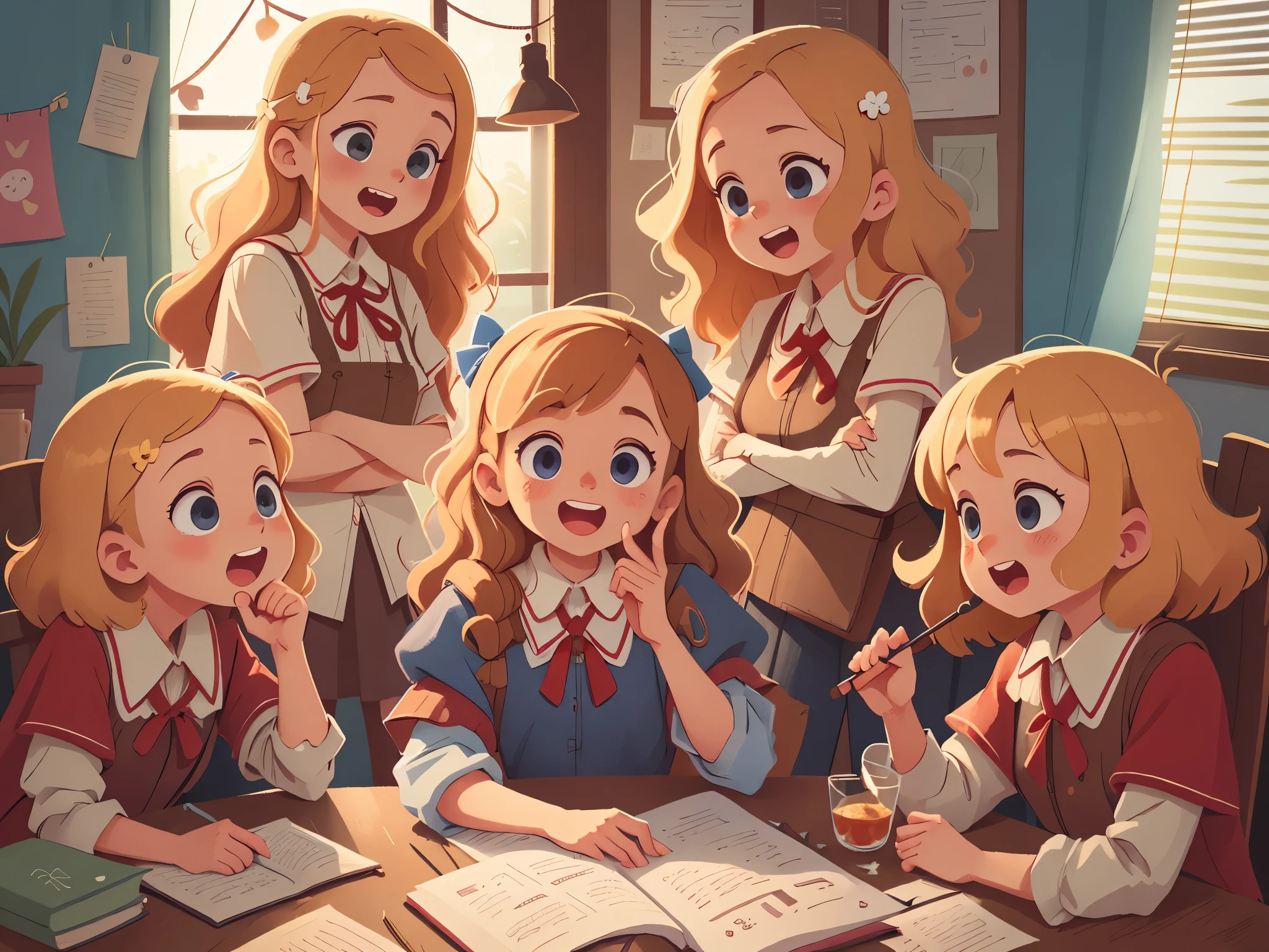 [[[Ultra detailed, best quality, beautiful, 4K, detailed faces, medieval story]]], (((blond hair))), blue eyes, several little girls in a circle, smiling faces, Happy, talking cheerfully, in school, windows, curtains, school buildings,