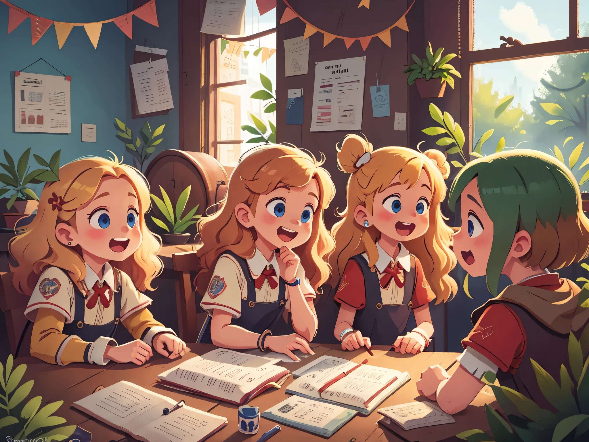 [[[Ultra detailed, best quality, beautiful, 4K, detailed faces, medieval story]]], (((blond hair))), blue eyes, several little girls in a circle, smiling faces, Happy, talking cheerfully, in school, windows, curtains, school buildings,