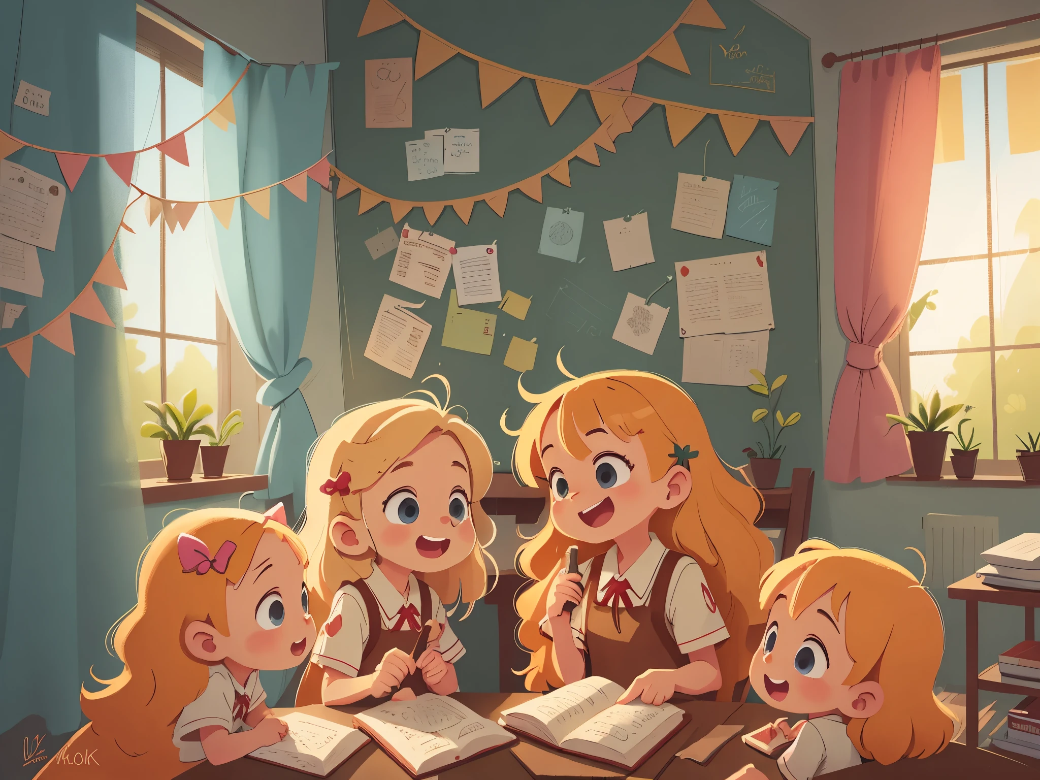 [[[Ultra detailed, best quality, beautiful, 4K, detailed faces, medieval story]]], (((blond hair))), blue eyes, several little girls in a circle, (( Smiling face)), happy, talking cheerfully, in school, windows, curtains, school buildings,