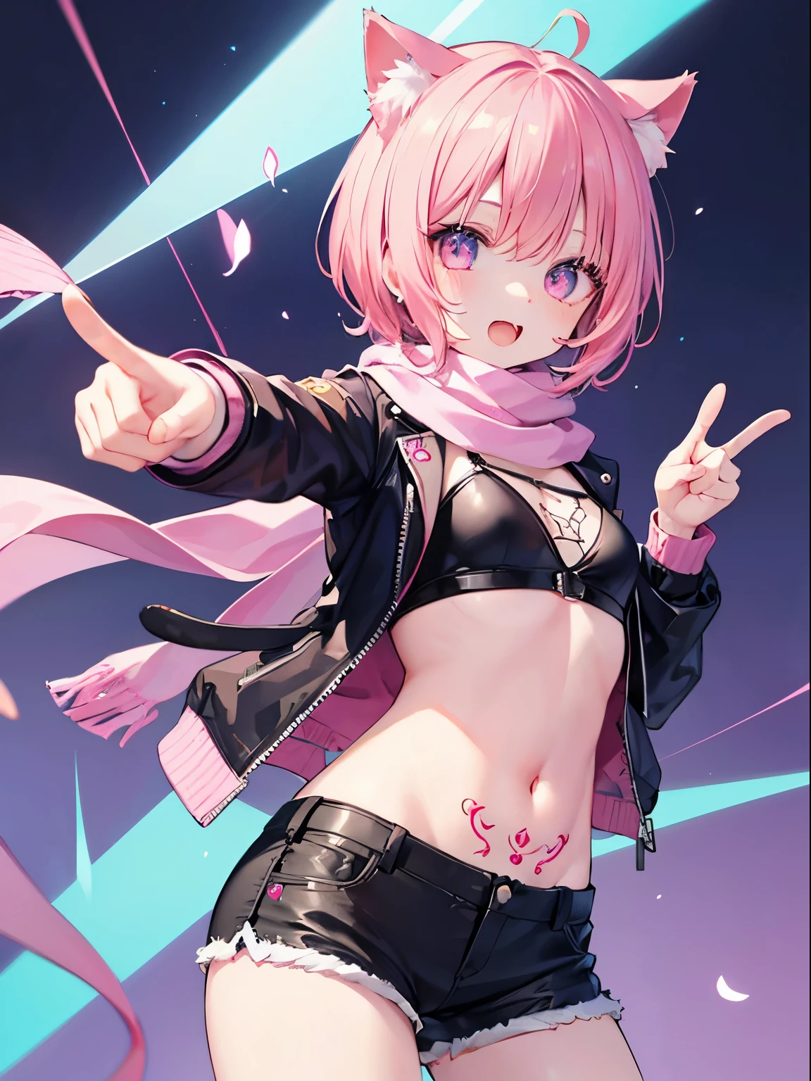 Very beautiful and shining eyes、shining eyes、1 girl、small breasts、big mouth、high school girl、Tattoo on the stomach、small breasts、Cat ear、pink hair、handcuffs、scarf、Shaggy hair、hot pants、Crisp look、Near the future、neon、cool、Half-taken jacket、Pointing a finger