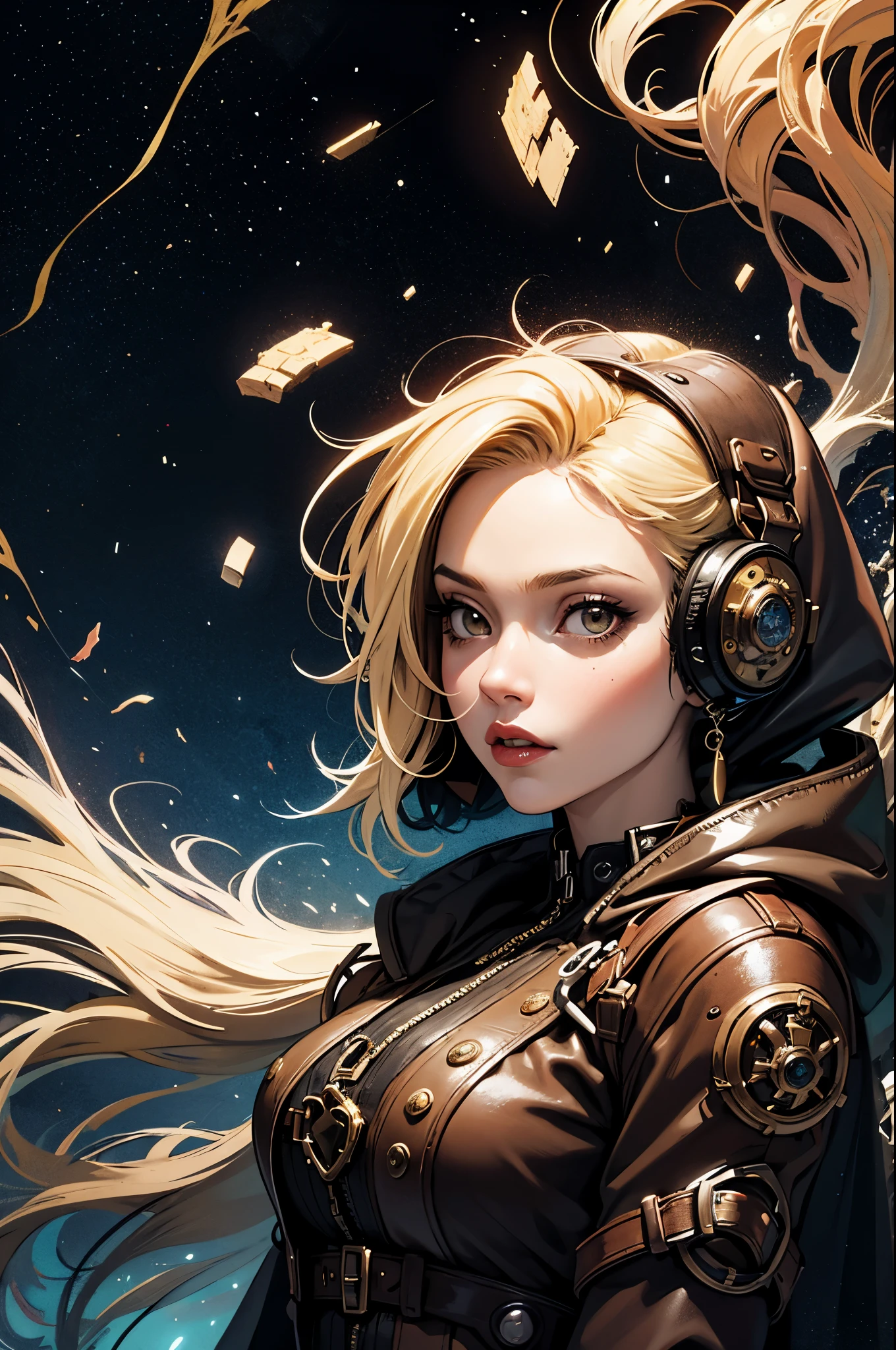 1girl,(blonde_hair, post apocalyptic, steampunk, hooded steampunk tactical gear and goggles:1.1),(zentangle, mandala, tangle, entangle:0.6),(fractal, atmospheric, psychedelic, aesthetic,,cosmic, colorful, dreamlike art),the most beautiful form of chaos,brutalist designed, metal fragments and debris blowing in the wind