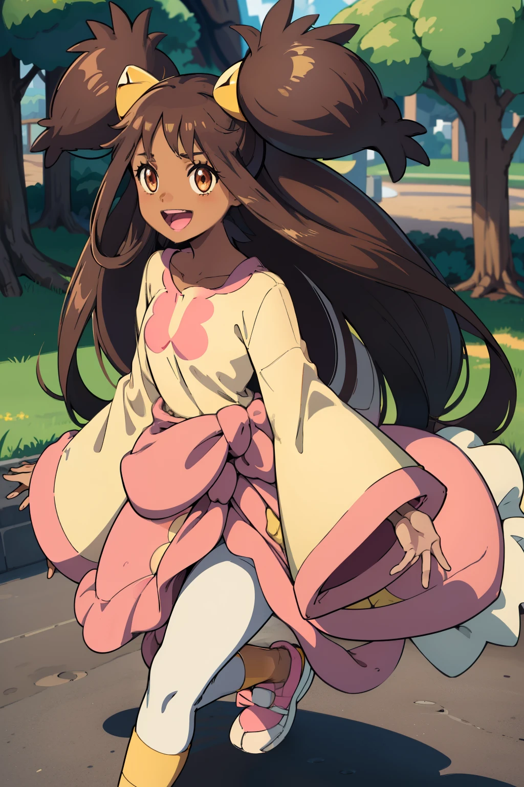 airless,brown eyes,Extra-long hair,Head large,two side up,headdress,black skin,(Yellow shirt:1.1),long sleeves,Wide sleeves,waist bow,Leggings,pink shoes, happy, laughing :d, 잔d, outdoors, park