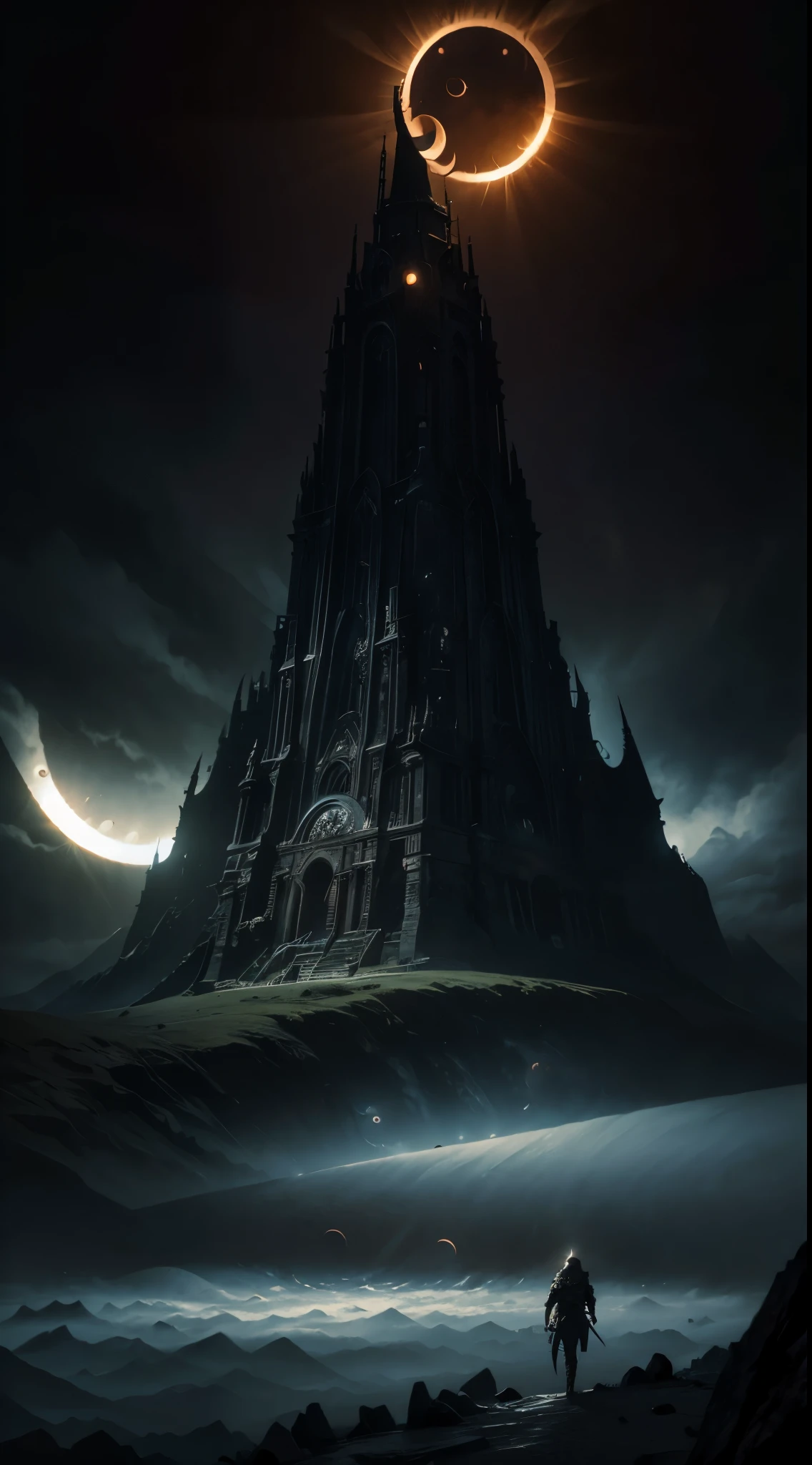 (masterpiece:1.5), best quality, extremly detailed, dark fantasy tower wtith spiky roof, wide base, dark tower, centered focus, view from the bottom of the tower, apocalypse, (solar eclipse:1.4), landscape, dark atmosphere, dark fantasy style, epic emotions, red and black and orange colors, hellsih landscape, apocaliptic ladscape, dark picture, (epic), no_humans, cinematic, epic atmosphere, foggy ground, apocaliptic scenery