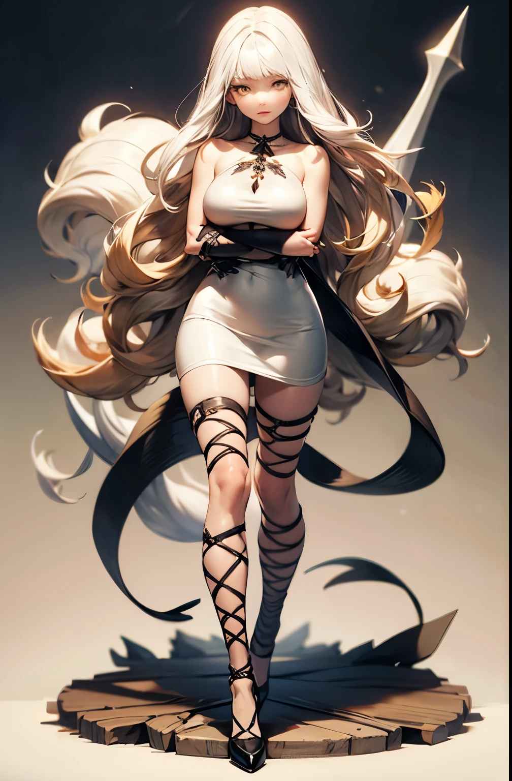 airy, bravely default, black gloves, high heels,  FernFrieren, very long hair, yellow eyes, (gold pupils), looking down, straight-on, expressionless, crossed arms, standing, looking at viewer, large breasts,, ultra detailed, masterpiece, best quality, aesthetic, detailed, white hair, white dress