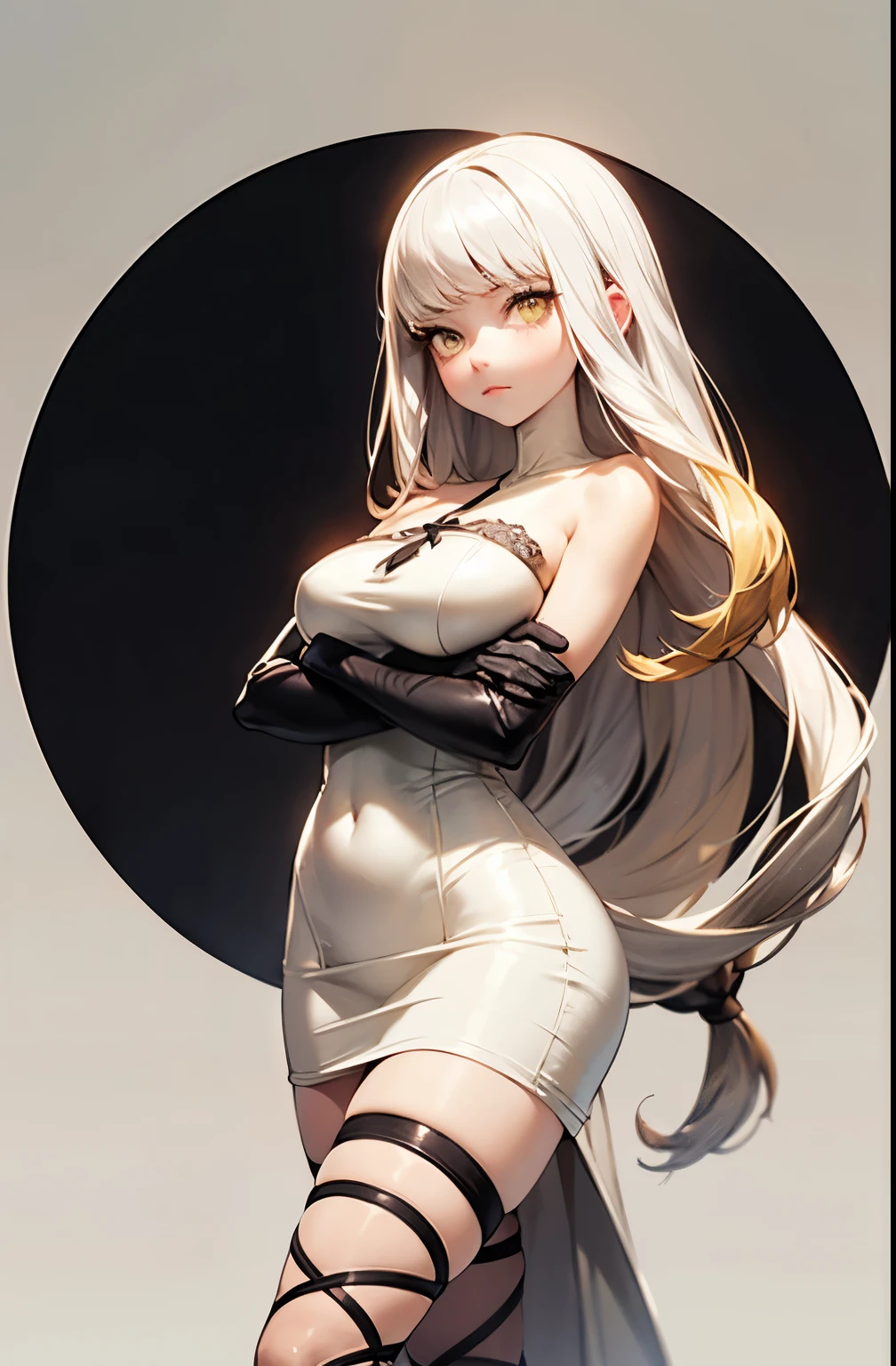 airy, bravely default, black gloves, high heels,  FernFrieren, very long hair, yellow eyes, (gold pupils), looking down, straight-on, expressionless, crossed arms, standing, looking at viewer, large breasts,, ultra detailed, masterpiece, best quality, aesthetic, detailed, white hair, white dress