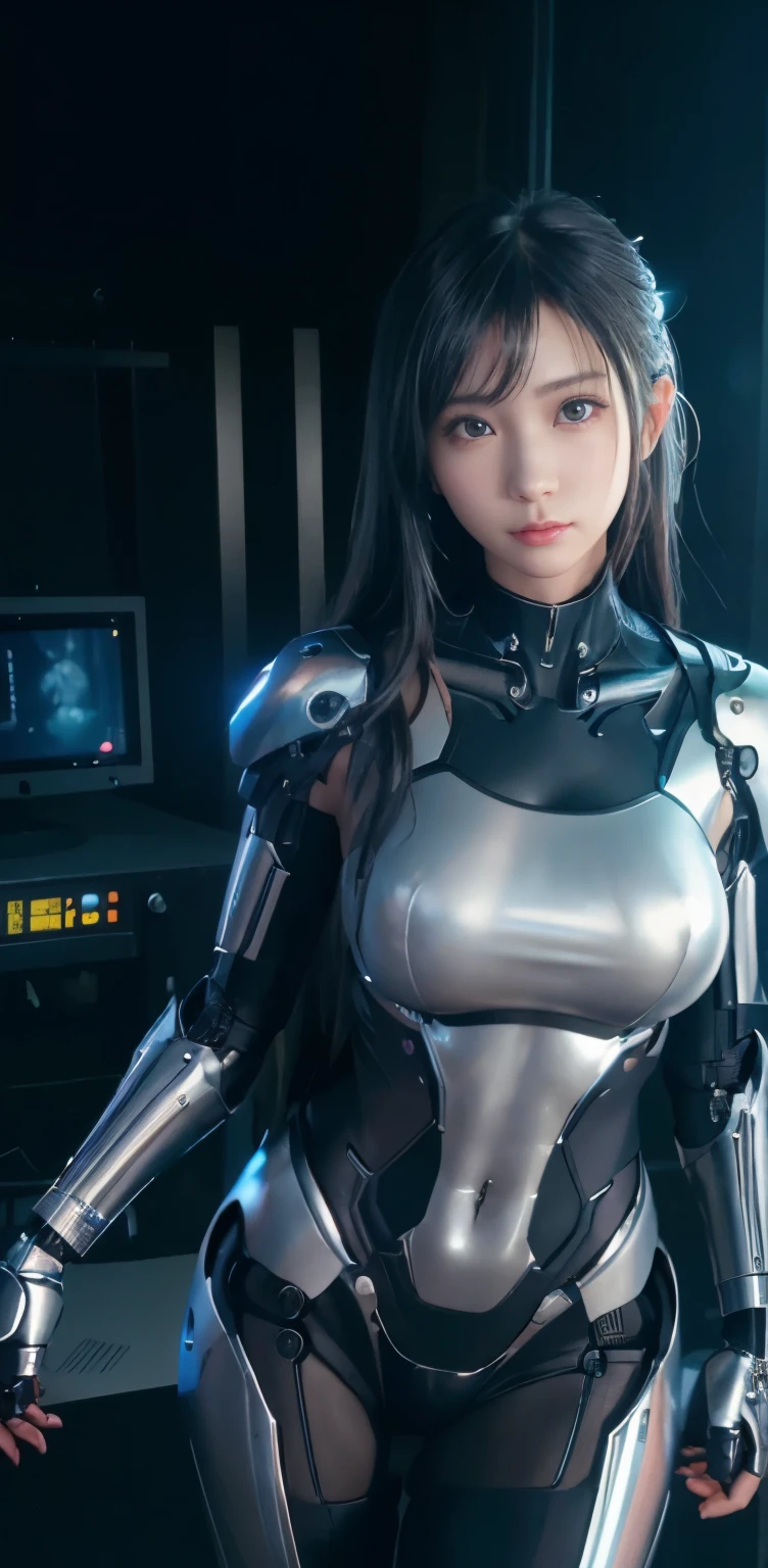 masterpiece、((black metallic sweater))、 ((plug suit)), ((beautiful girl:1.2))、i don&#39;t&#39;no arms.、mechanized body、Mechanized chest and abdomen、mechanized occiput、Mecha leg rack metallic suit that fits perfectly to the body、 Are standing、tied up、金属robot、((cyberpunk background))、(neon light)、(Futuristic machine factory background)、Cyberdyne、artificial body、All metal body、ironwork、abdominal mechanism、((robotアームとハンド))、((robotの脚))、((machine neck))、Inside the spaceship、beautiful girl、、asian beauty, (Actuator and cable exposed from abdomen.、金属robotの首から胴体まで接続、Complex 3d rendering beautiful porcelain profile super be familiar withd female android face、cyborg、robot部品、150mm、Soft light in a beautiful studio、rim light、vivid details、gorgeous cyberpunk、Ren Hao、超realistic、anatomical、facial muscles、cable wire microchip、elegant、beautiful background、octane rendering、HR giger style、8K、highest quality、masterpiece、enlightenment、very delicate and beautiful、 非常にbe familiar withなCG、unity、wall-、(realistic、Photoreal:1.37)、wonderful、be familiar with、masterpiece、highest quality、official art、Highly be familiar withd CG unity 8k wallpaper、absurd、信じられないほどabsurd、、robot、silver beads、Full body Esbian、 Are standing