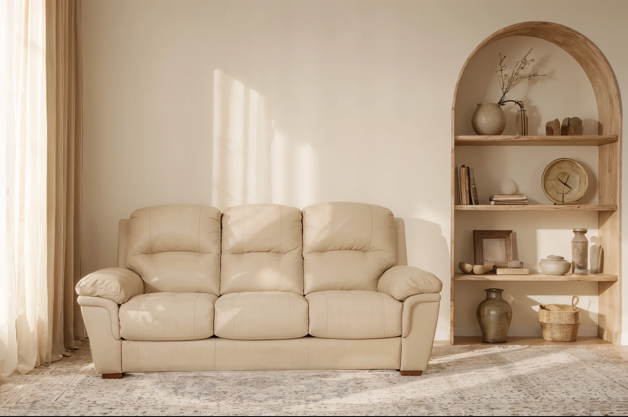 Cream colored american style sofa, realistic shadows, in the beautiful room