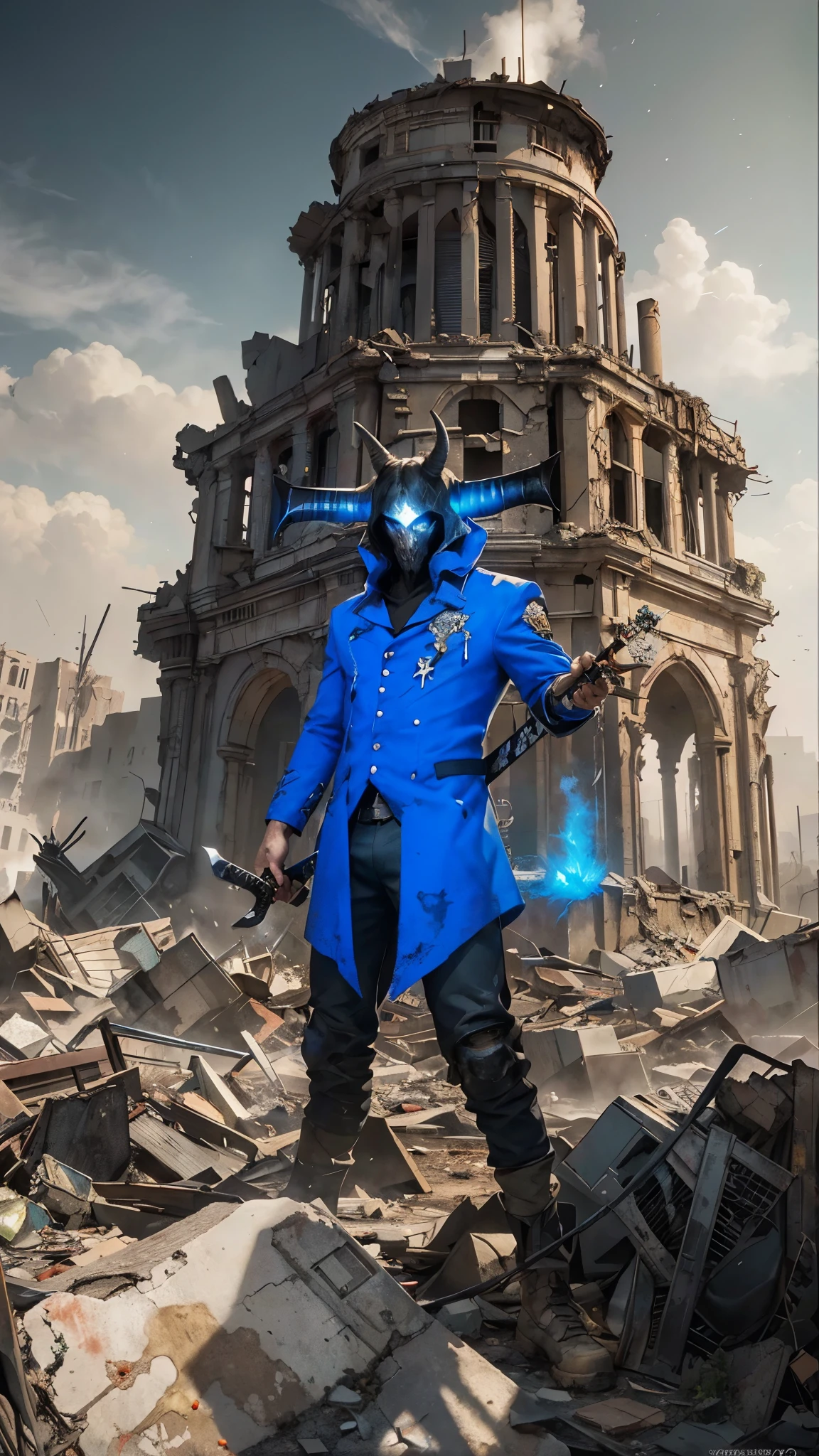 ((Alucard_MOBILE LEGEND),((realistic, photorealistic)),(highlight hair)), Light reflection, (( HD )),((upper body)), (((best quality, masterpiece))), (masterpiece) (best quality) (detail) (8k) (HDR) (wallpaper) (cinematic lighting) (sharp focuasterpiece, best quality: 1.1), 1men solo, alucard, shadow,back light,Destruction city background,Holding a sword, white gloves, black mouth mask,Create dystopian masterpieces,Depict the destroyed futuristic cityscape in a gritty game concept art style. The artwork should evoke a sense of futuristic desolation and despair, post apocalyptic world. Keep an eye on the intricacies of detail, Sharp focus, and a highly detailed description of the ruined city. Take inspiration from the artistic styles of Wayne Barlow and Zdislav Beksiński. Deliver this image in movie view format, Show the bleak beauty of this decaying world, Particles fire motion blur,Red light eyes,Look forward,(best quality,masterpeace),(hyperdetailed colourful), A post-apocalyptic wasteland with ruins of a once-great civilization ,perfect composition, best exposition, (golden ratio:1.2) , hdr, dramatic,cinematic lighting, trending on artstation,trending on CGSociety, professional photo,immense detail,Corpses piled up,Dead bodies lying , male corpse,Mask, horned, long ears, holding a sword