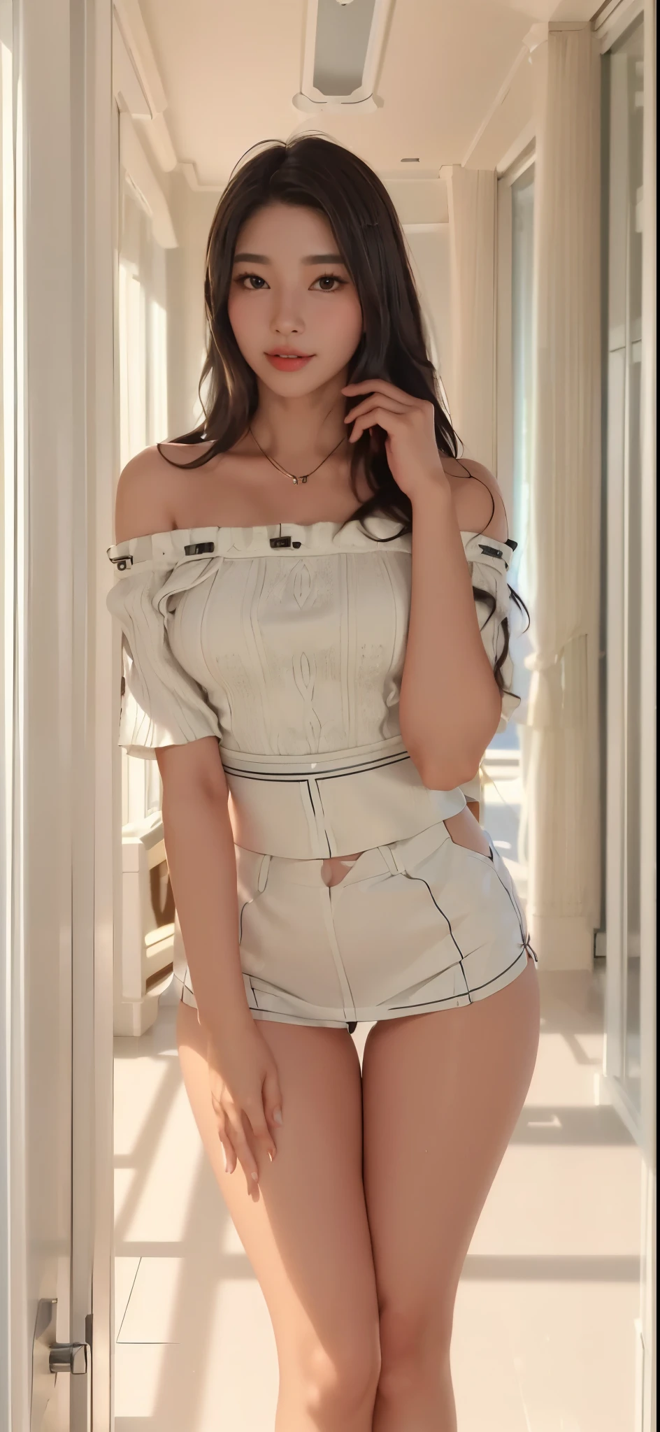 masterpiece, best quality, realistic, ultra-detailed, detailed,1 girl,(asian,idol,solo,collar,thin waist, small size breases,long hair, brown hair, beautiful thighs)(kimono, pleated skirt, V-shaped off shoulder sweater, Outerwear, Stocking,Shirt.) at the beach club,(PureErosFace_V1:0.7)